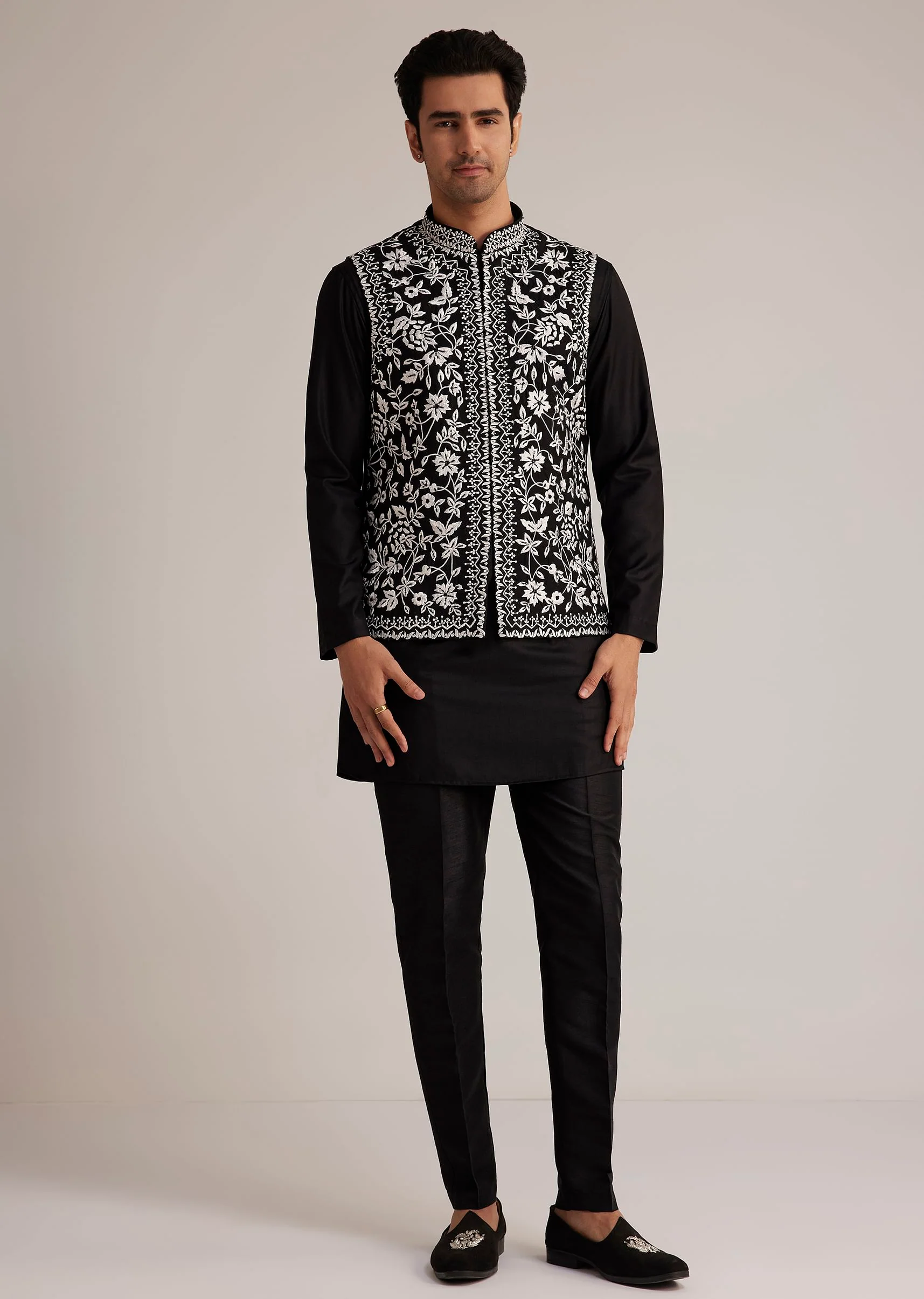 Black Silk Kurta Set With Embroidered Nehru Jacket - Image 3
