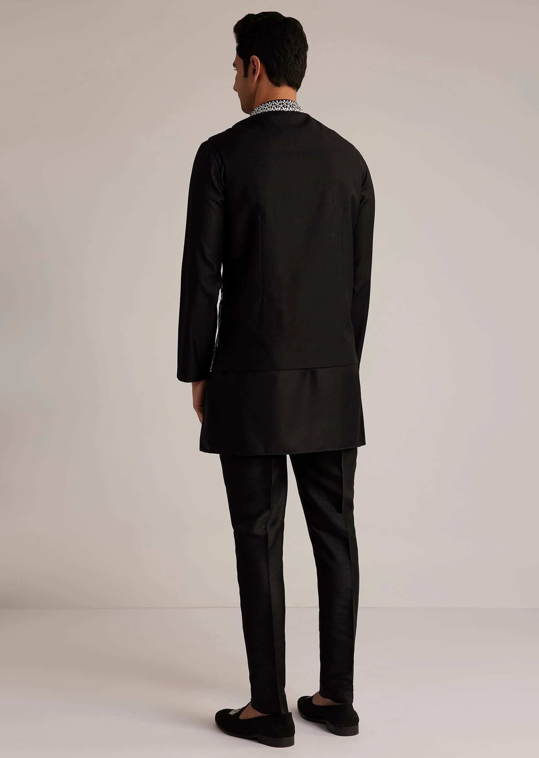 Black Silk Kurta Set With Embroidered Nehru Jacket - Image 5