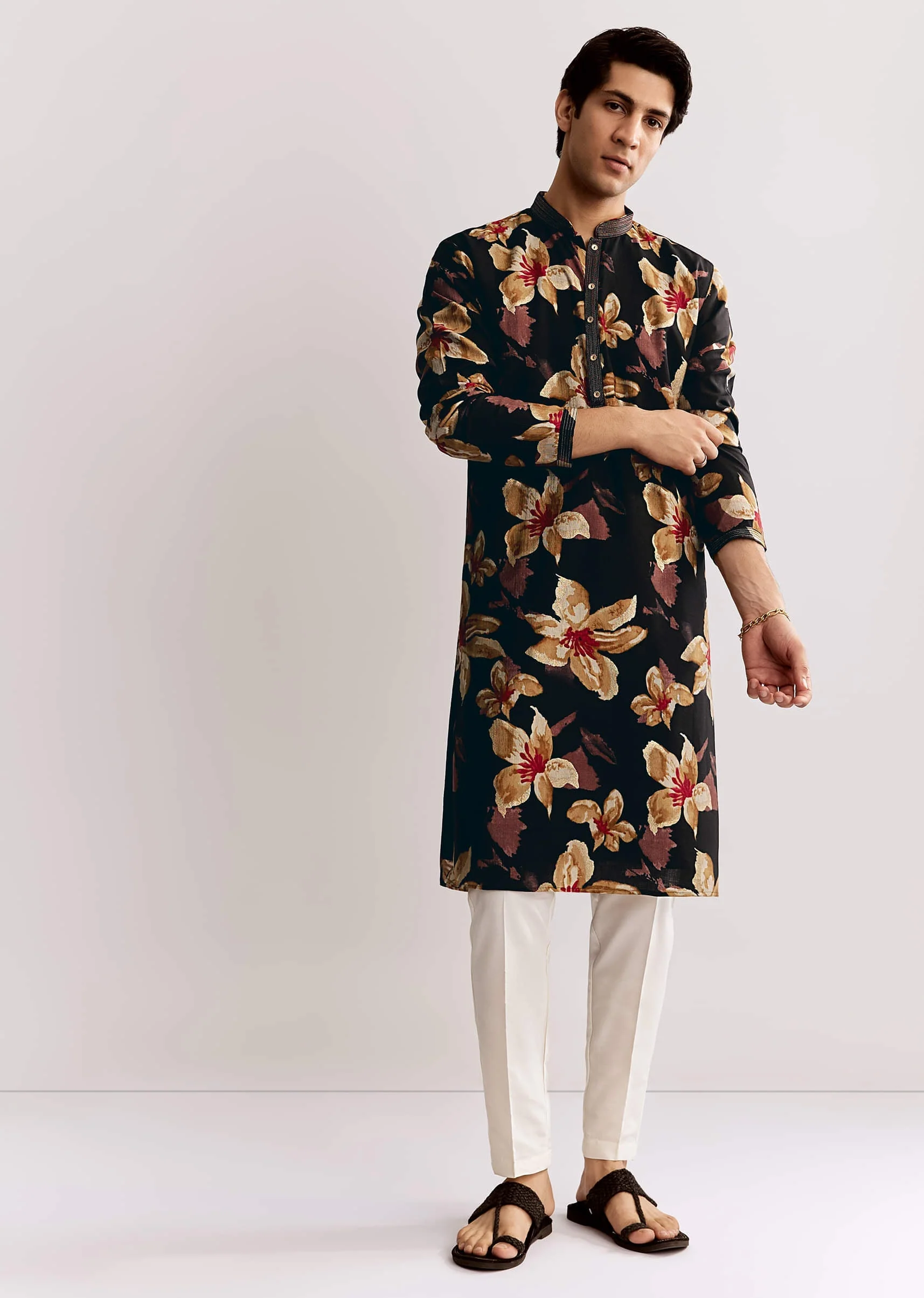 Black Silk Kurta Set With Floral Print - Image 2
