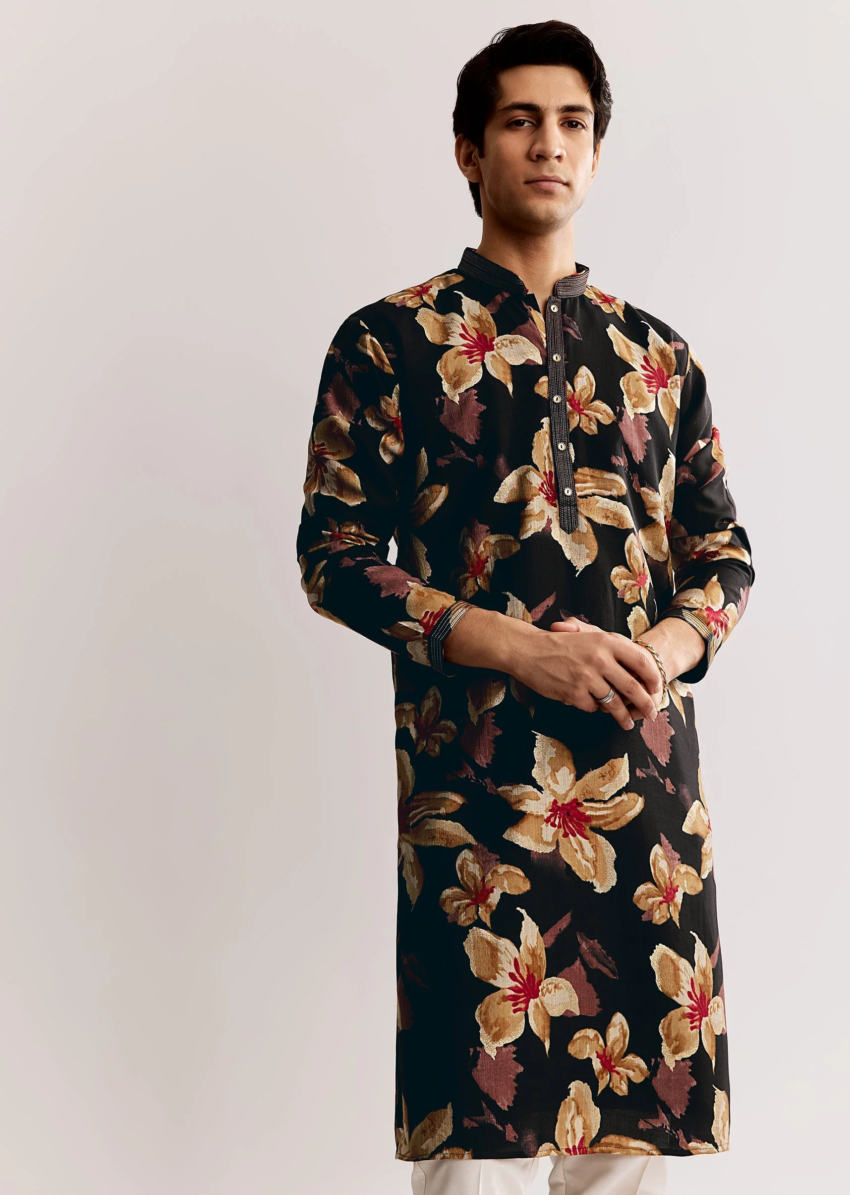 Black Silk Kurta Set With Floral Print - Image 3