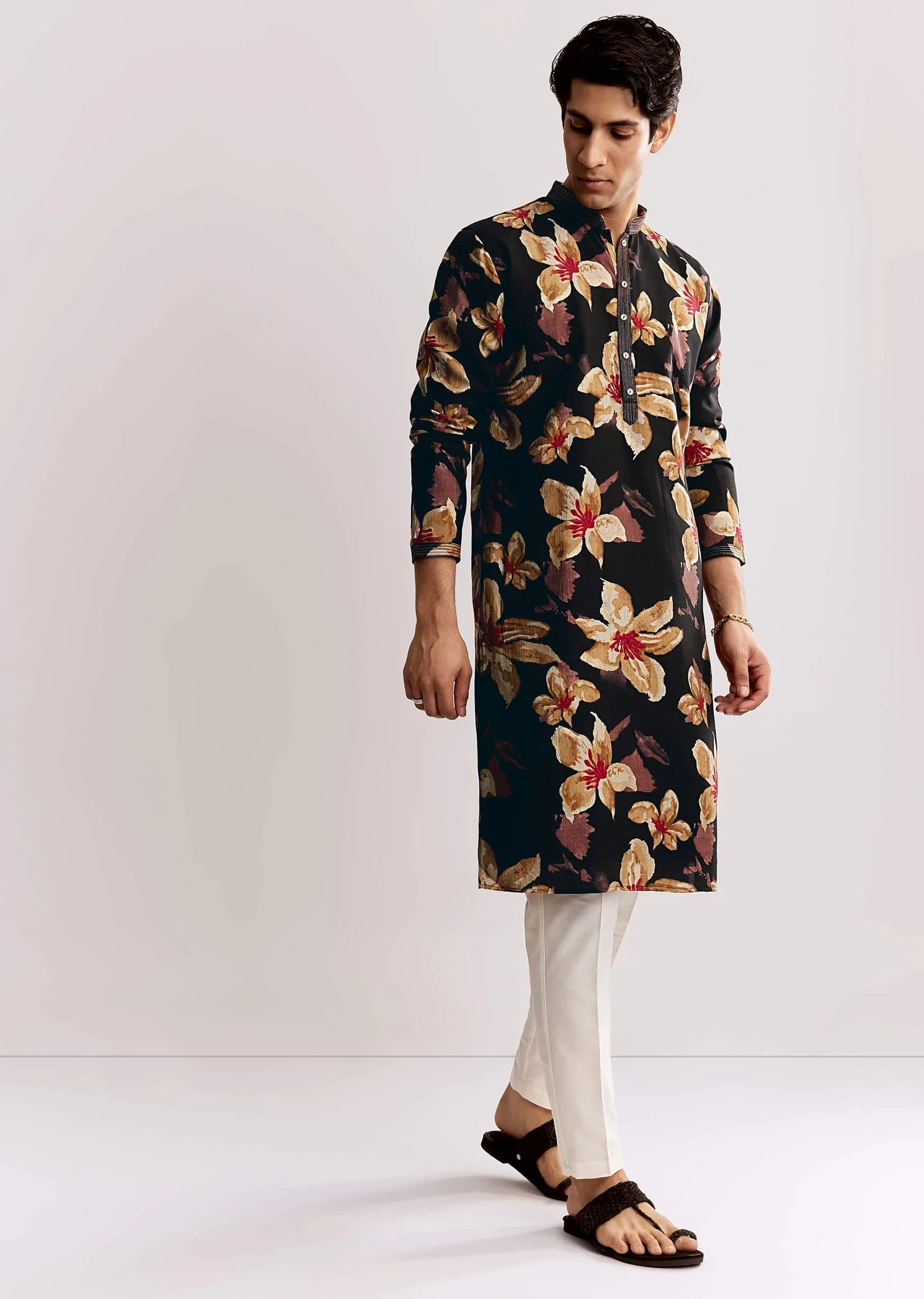 Black Silk Kurta Set With Floral Print - Image 4