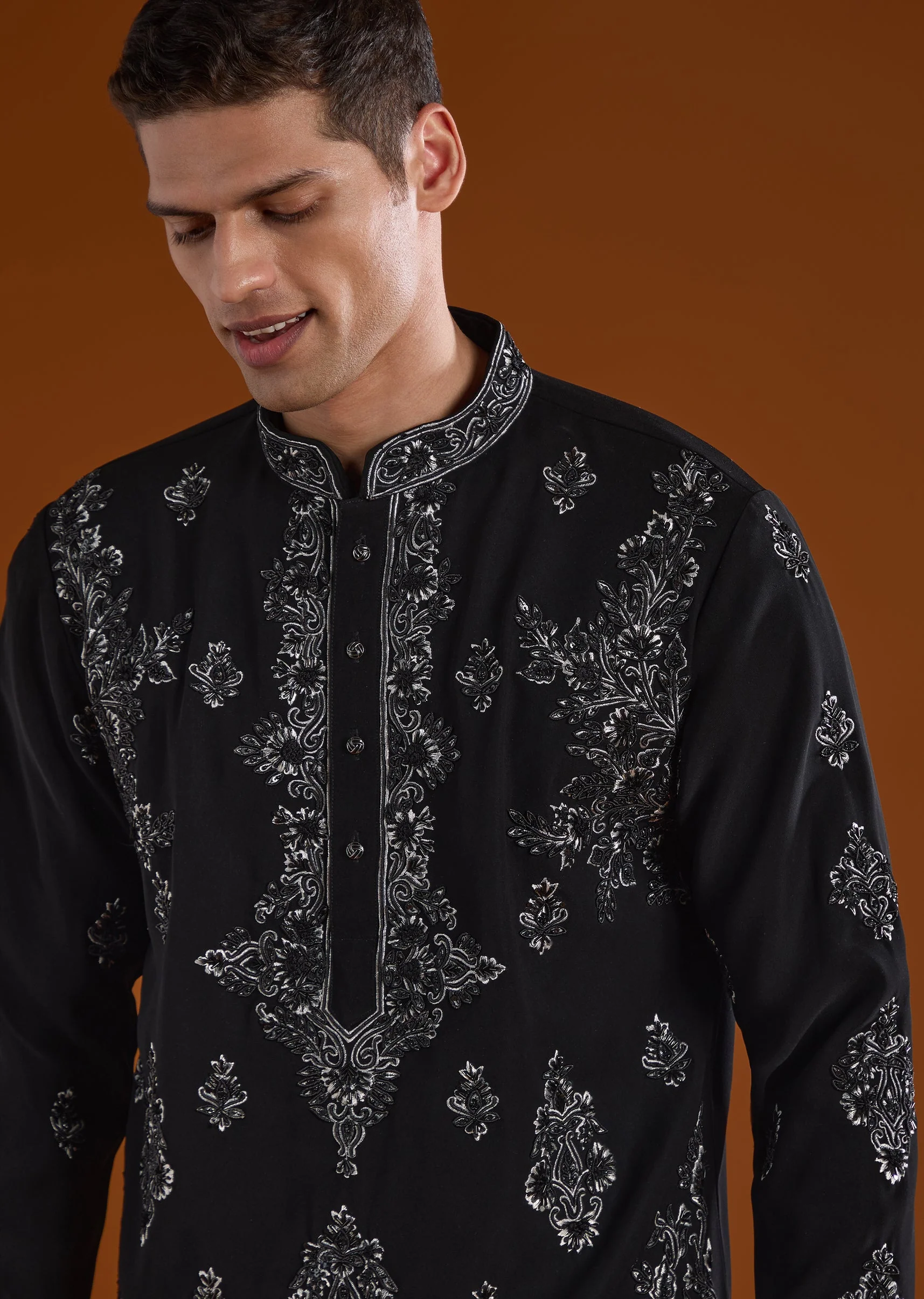 Black Silk Kurta Set With Thread And Cut Dana Work - Image 2