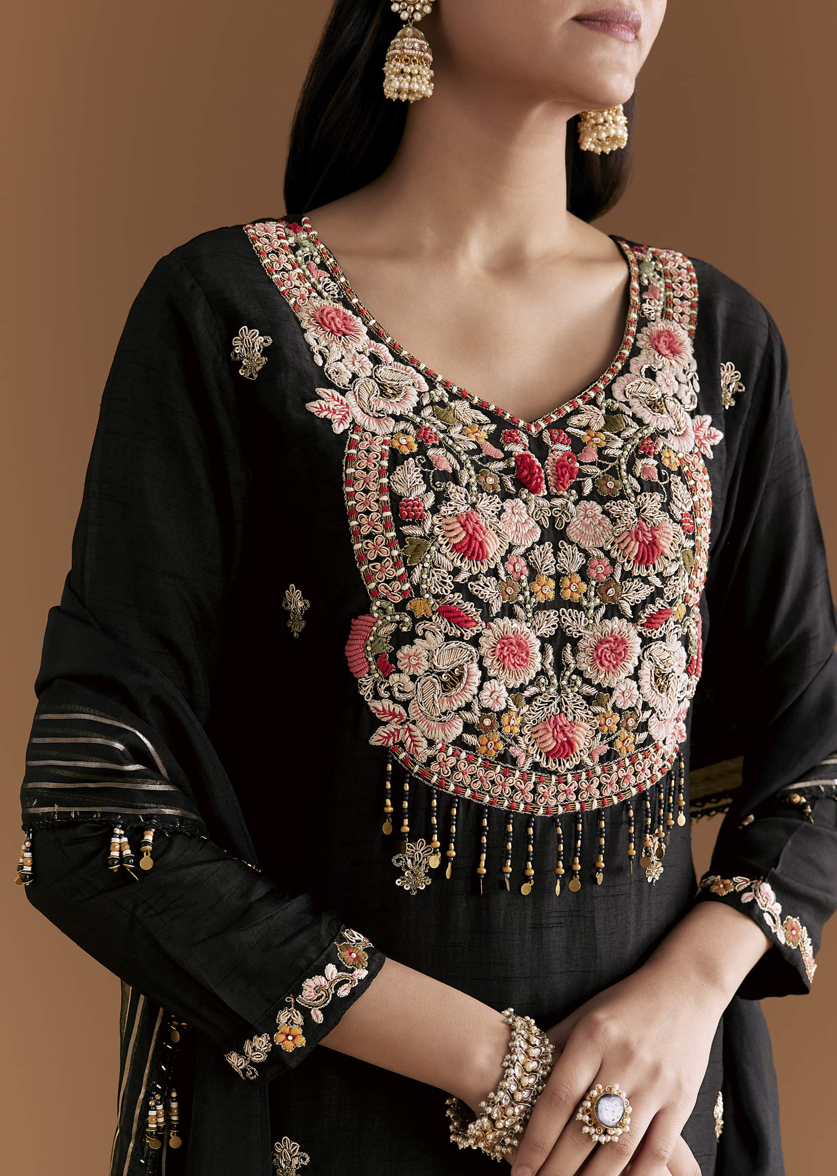 Black Silk Kurta Set With Zardosi And Resham Embroidery - Image 2