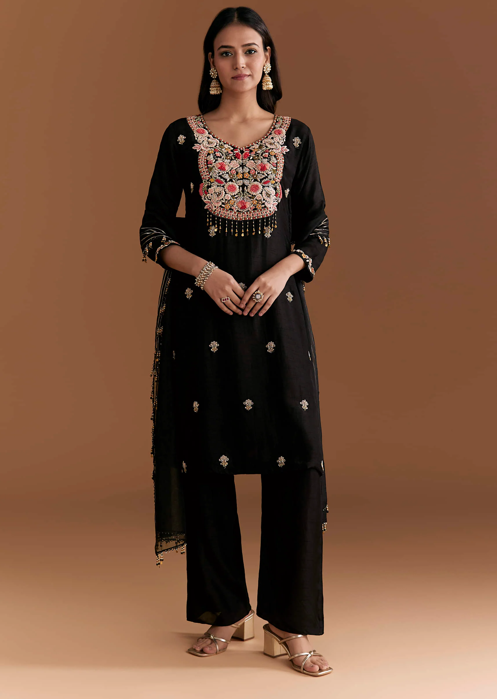 Black Silk Kurta Set With Zardosi And Resham Embroidery - Image 3