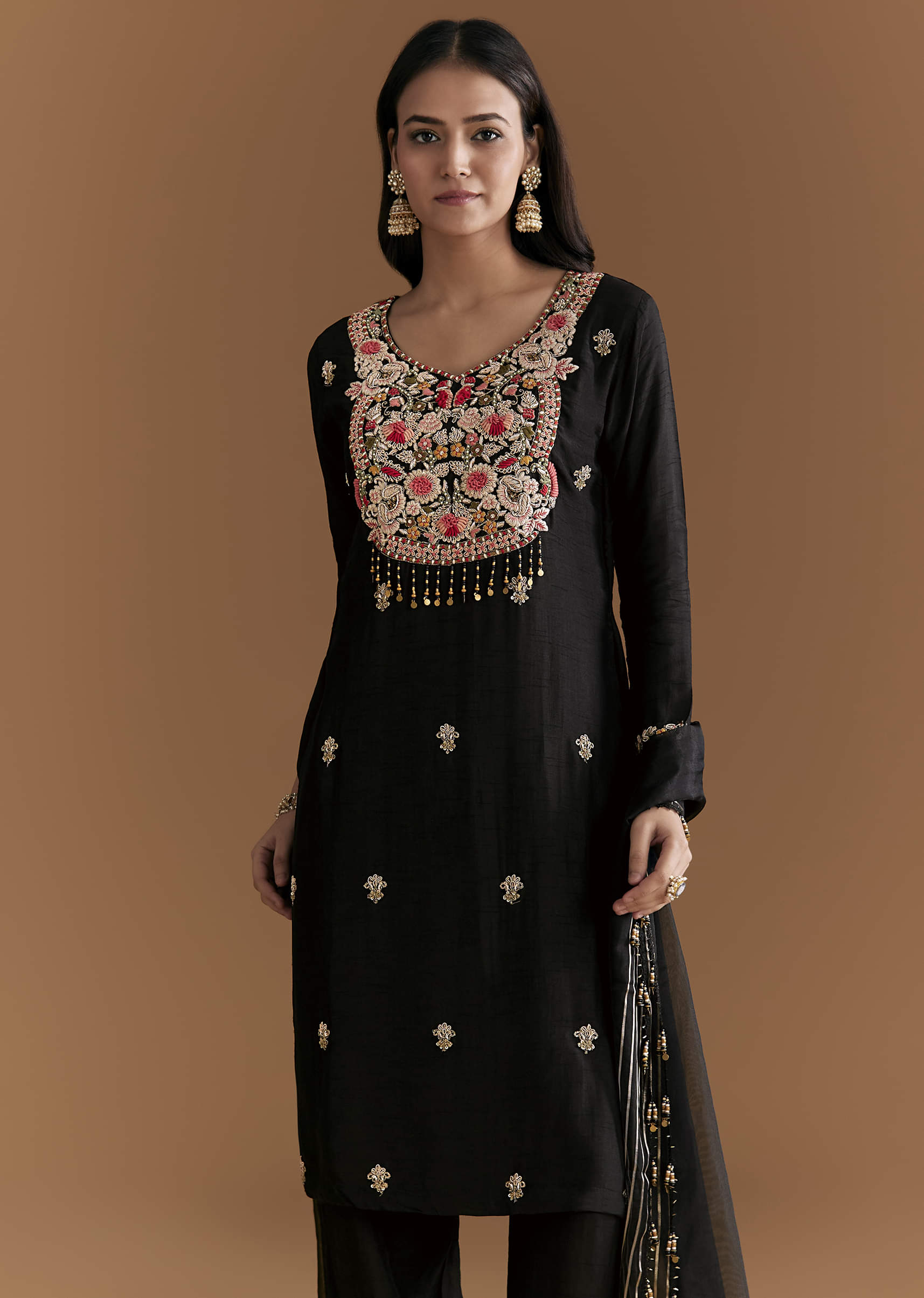 Black Silk Kurta Set With Zardosi And Resham Embroidery - Image 4