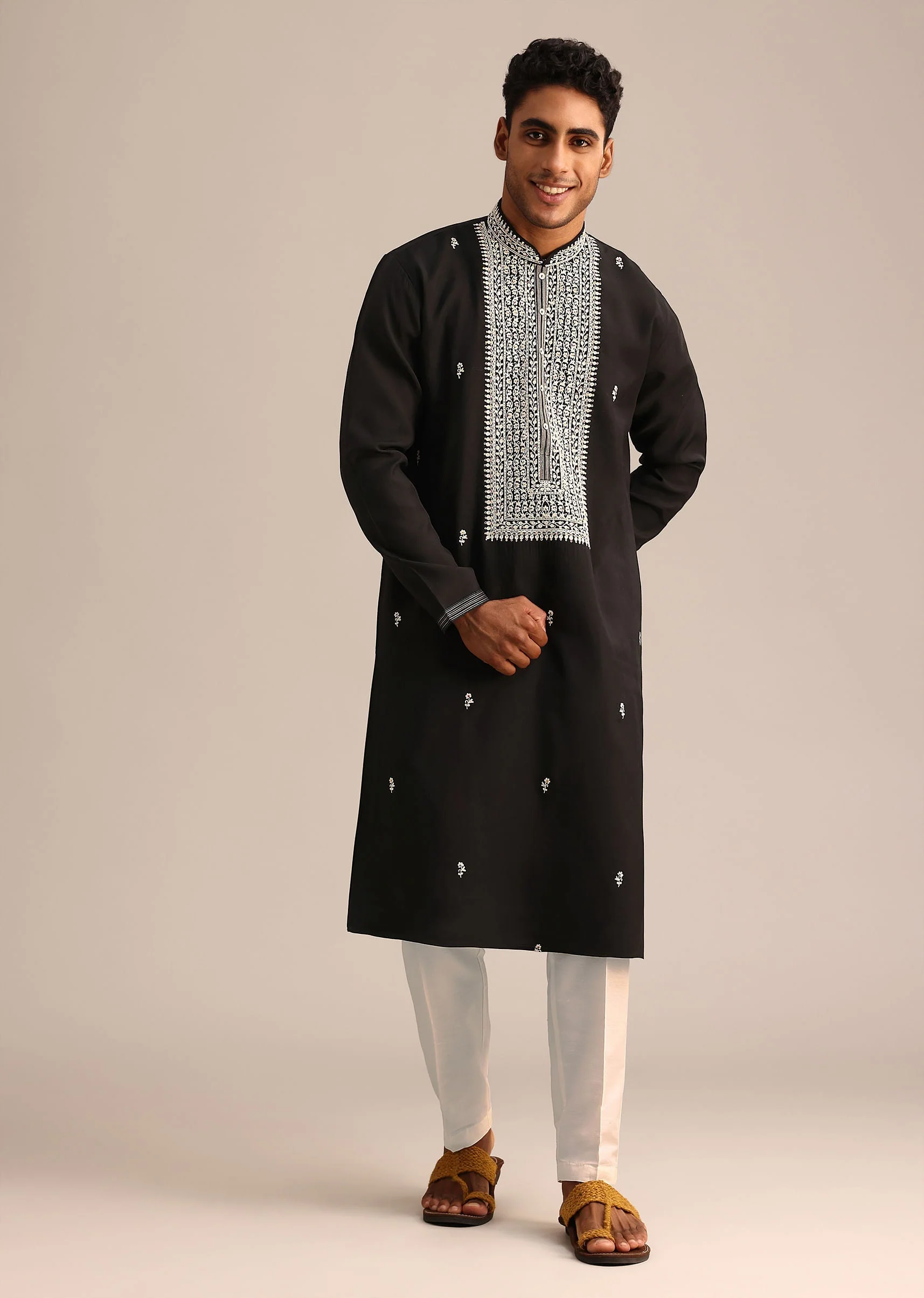 Black Silk Mandarin Collar Kurta Set With Embroidered Yoke - Image 3
