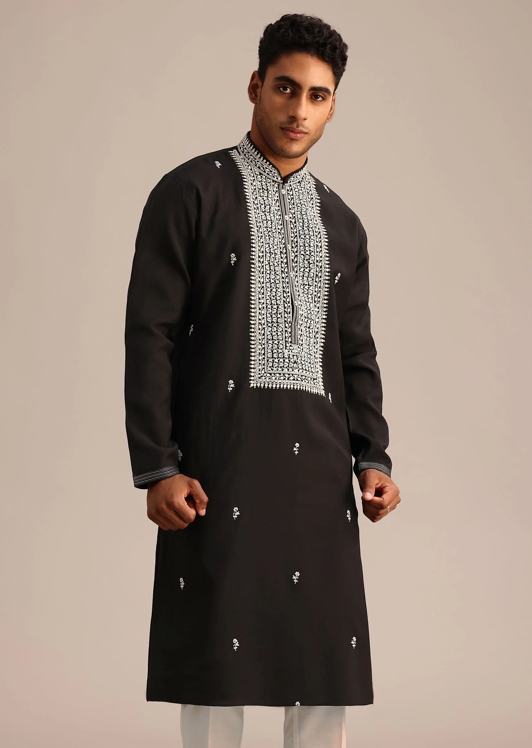 Black Silk Mandarin Collar Kurta Set With Embroidered Yoke - Image 4