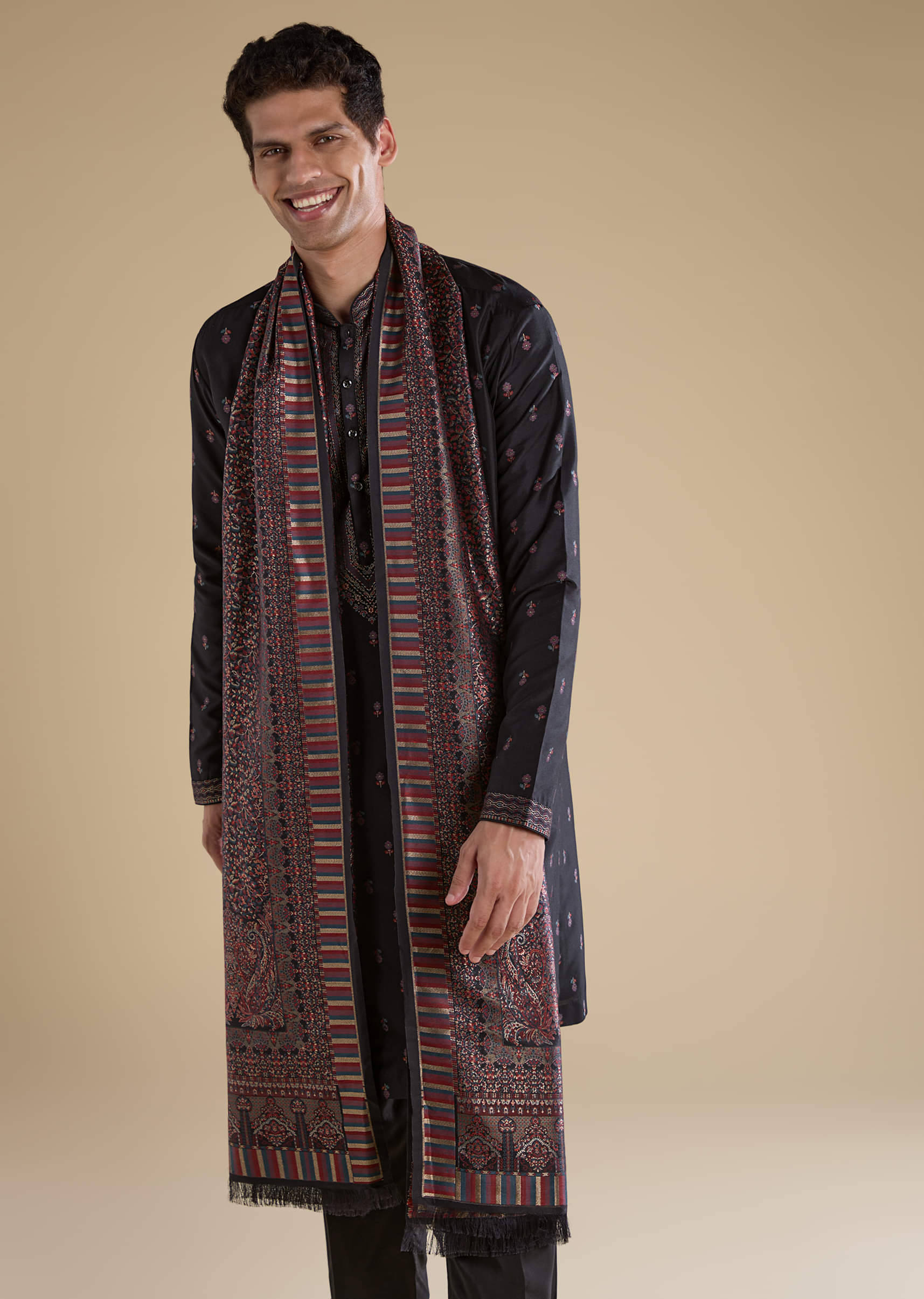 Black Silk Mens Kurta Set with Dupatta - Image 2