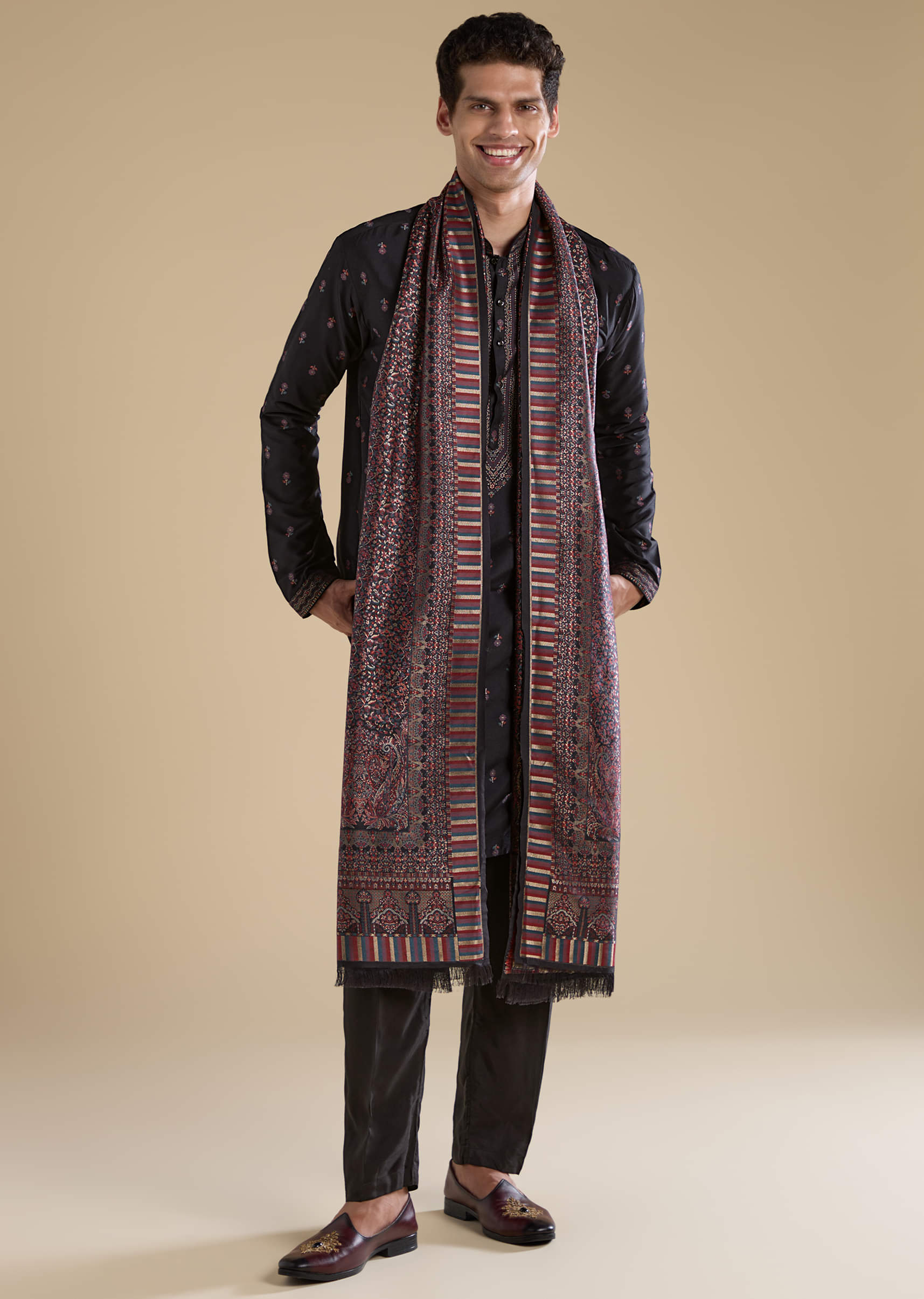 Black Silk Mens Kurta Set with Dupatta - Image 3