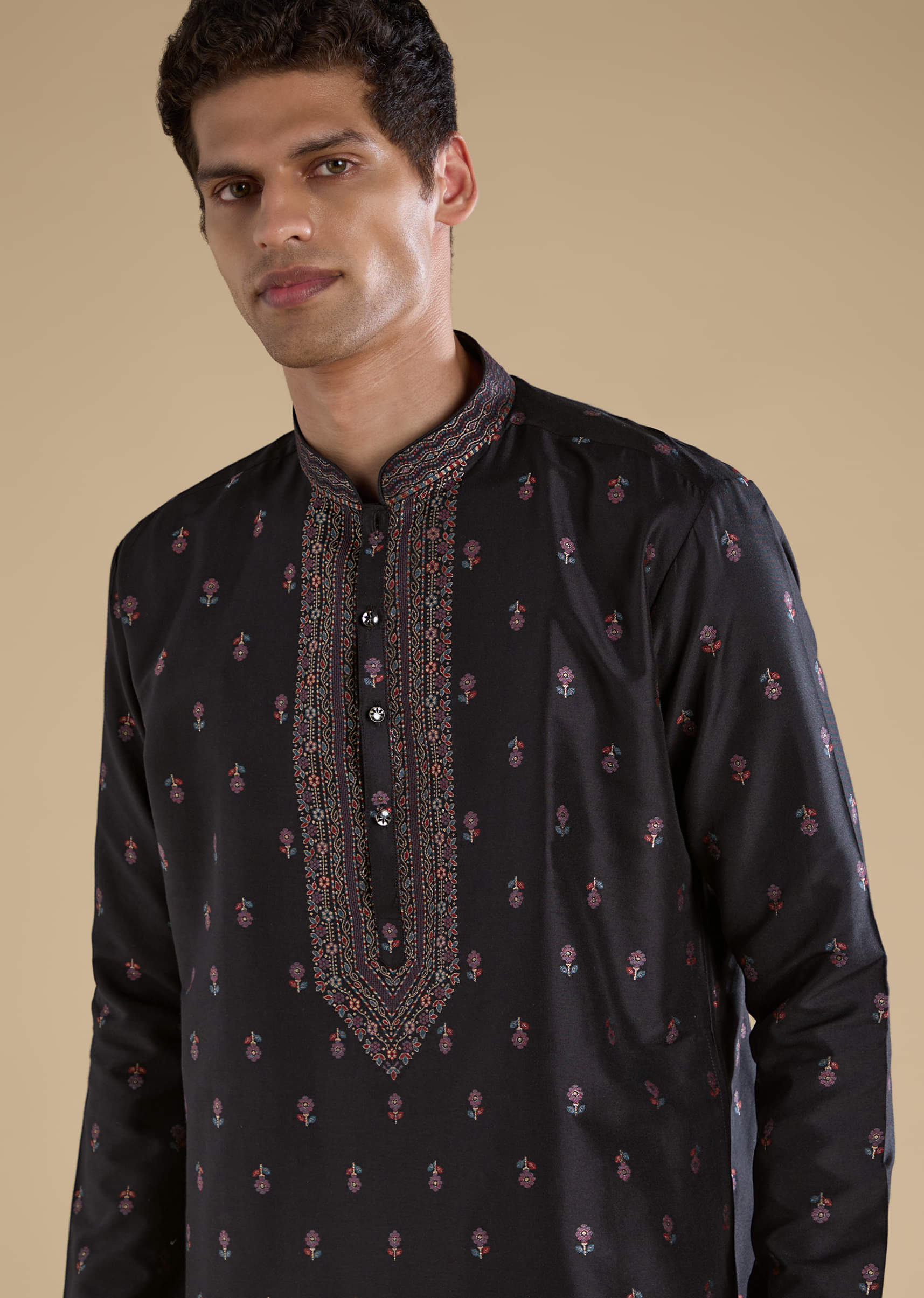 Black Silk Mens Kurta Set with Dupatta - Image 4