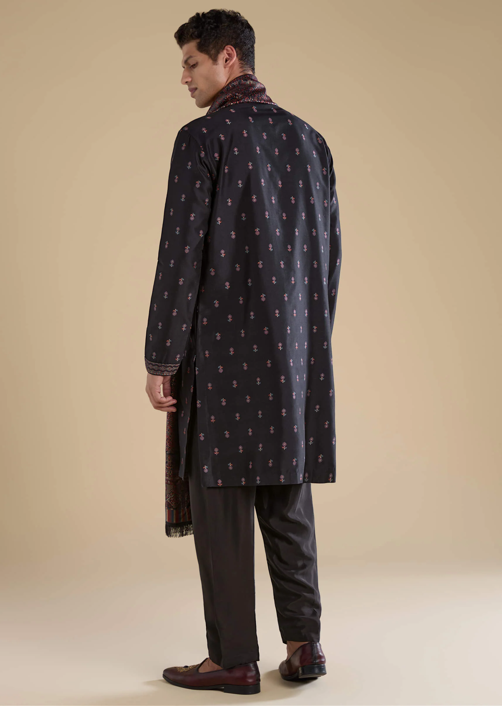 Black Silk Mens Kurta Set with Dupatta - Image 5