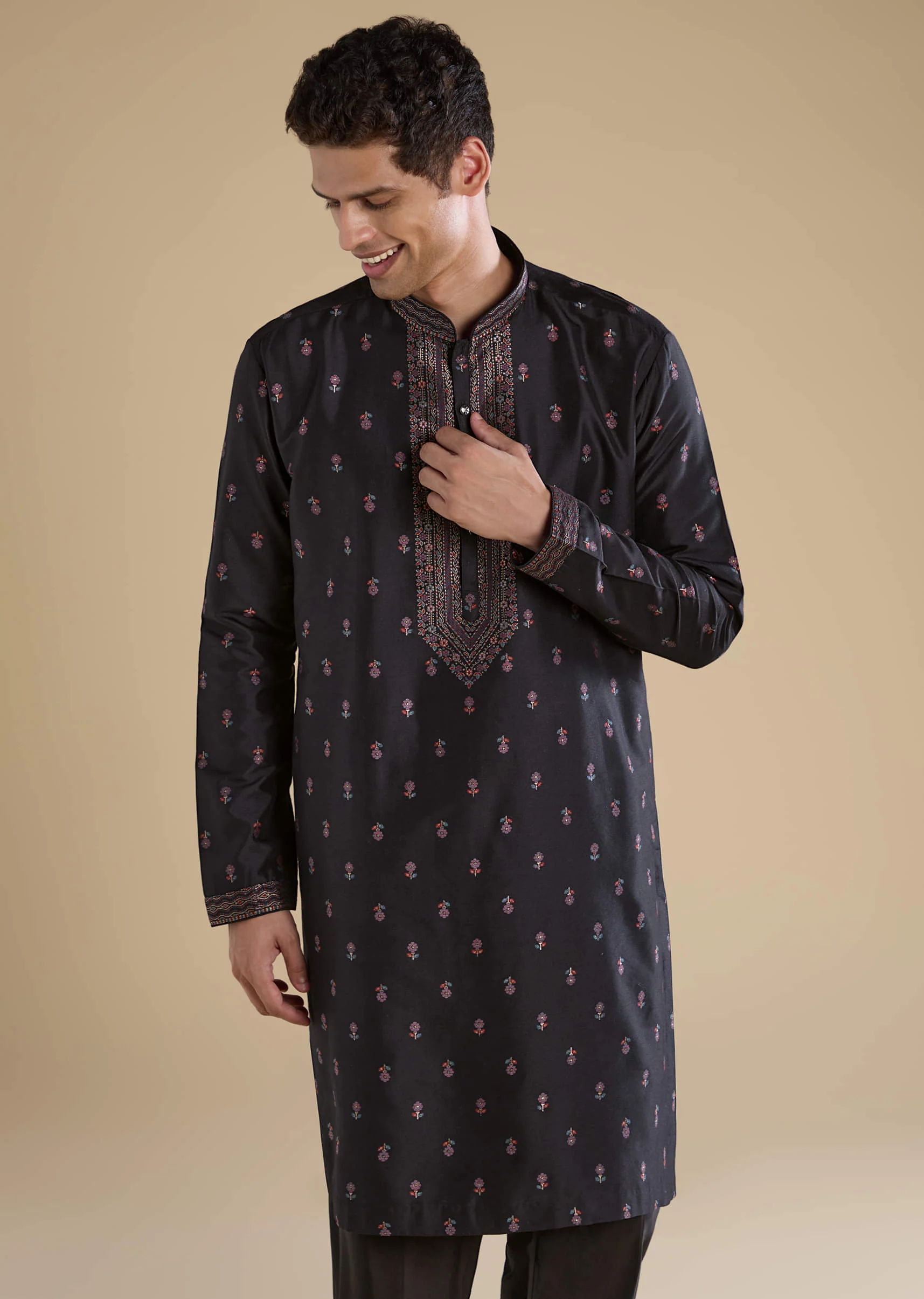 Black Silk Mens Kurta Set with Dupatta - Image 6