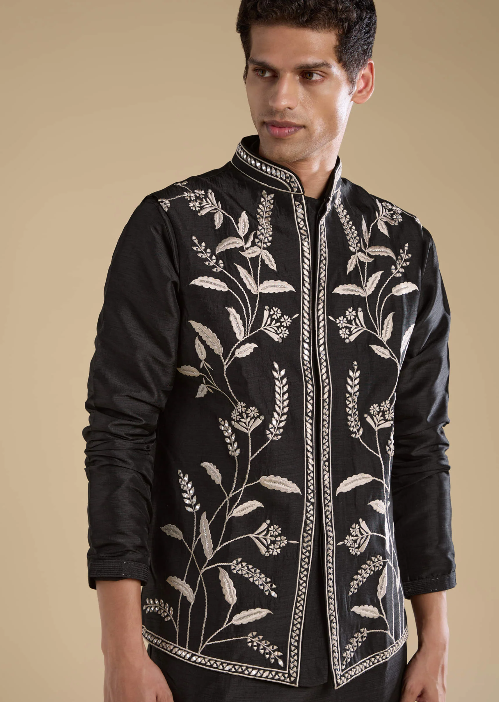 Black Silk Mirror Work Mens Jacket Kurta and Pant Set - Image 2