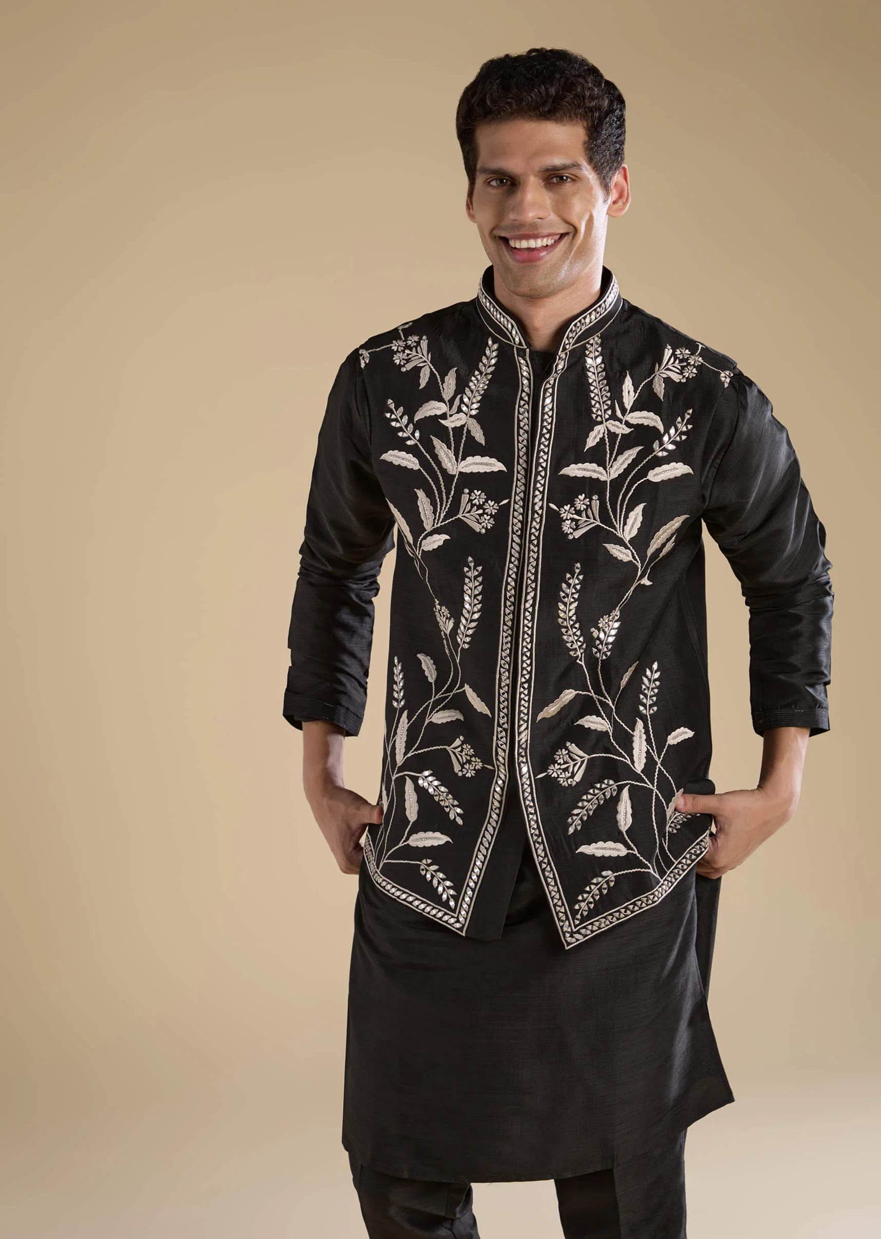 Black Silk Mirror Work Mens Jacket Kurta and Pant Set - Image 4