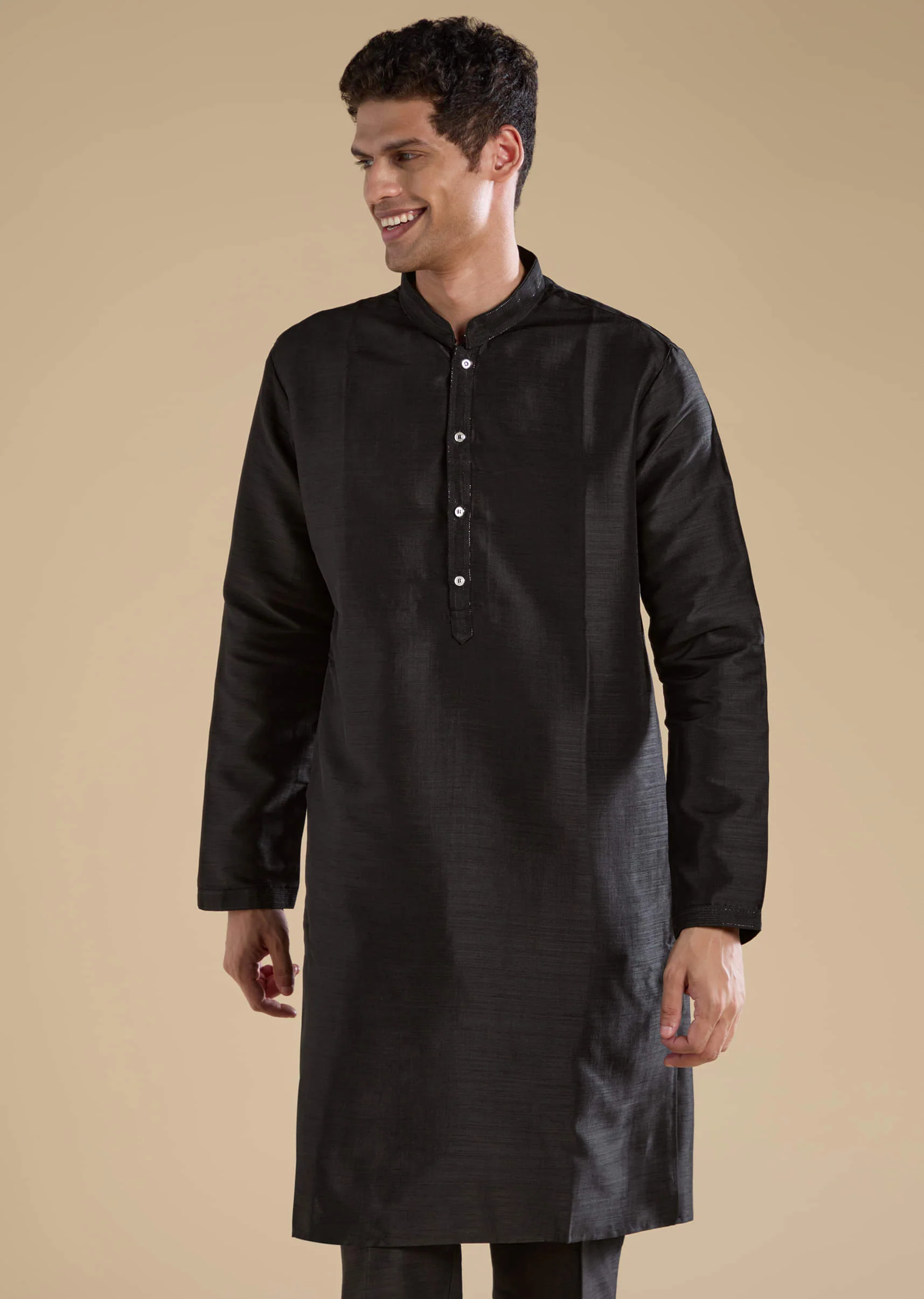Black Silk Mirror Work Mens Jacket Kurta and Pant Set - Image 6