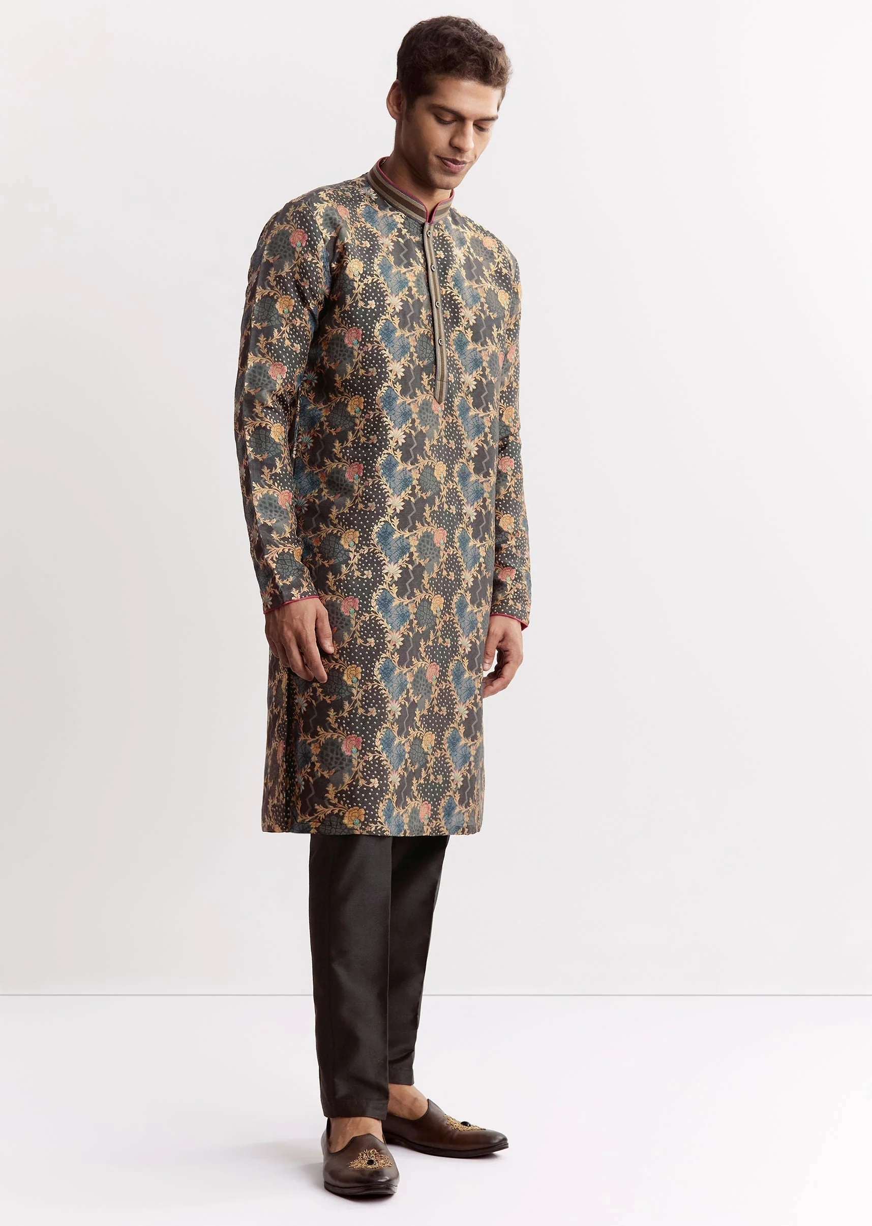 Black Silk Printed Kurta Set - Image 2