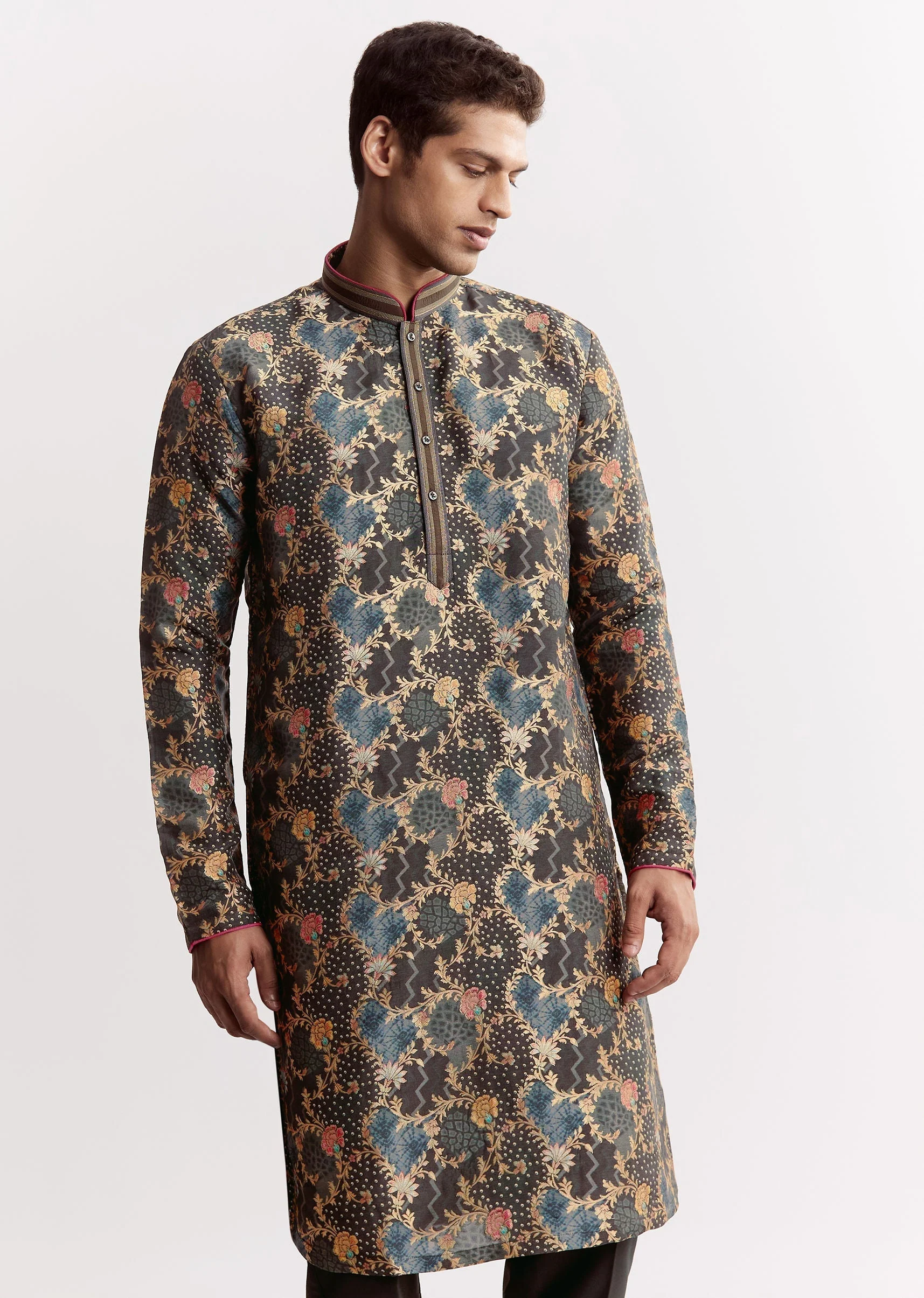 Black Silk Printed Kurta Set - Image 3