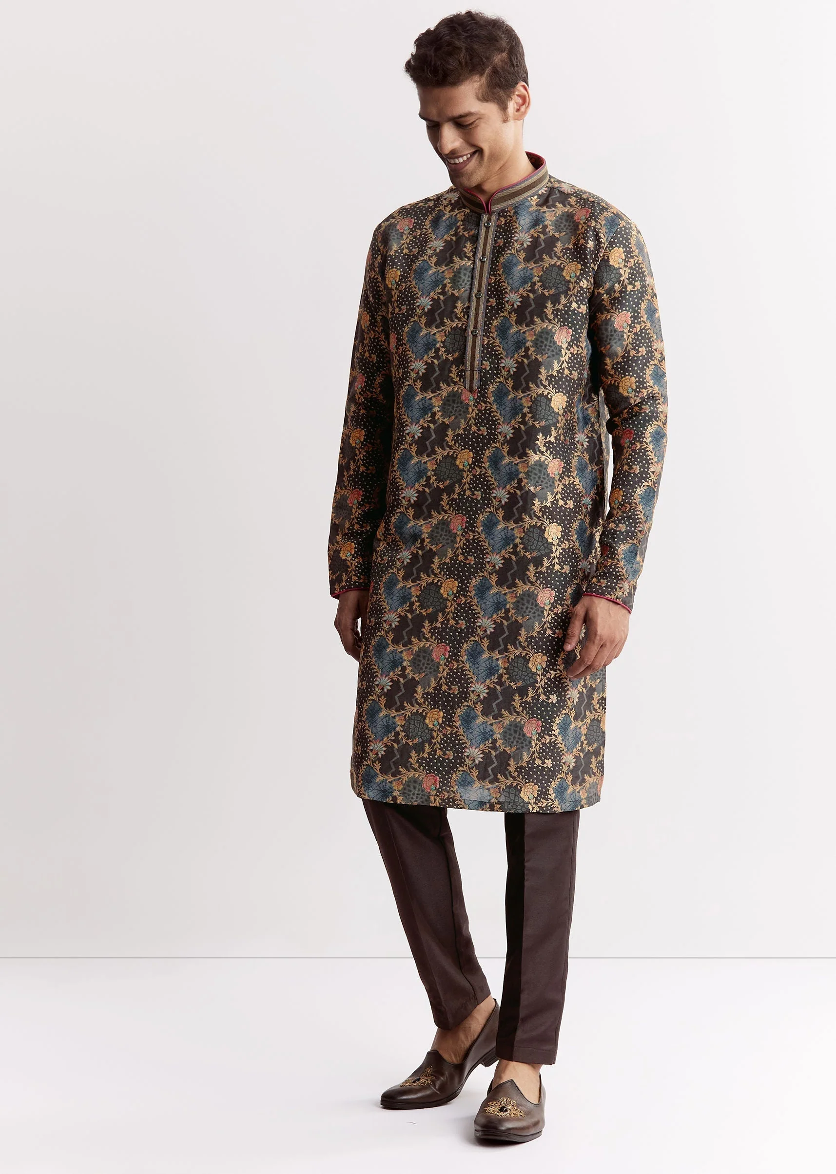 Black Silk Printed Kurta Set - Image 4