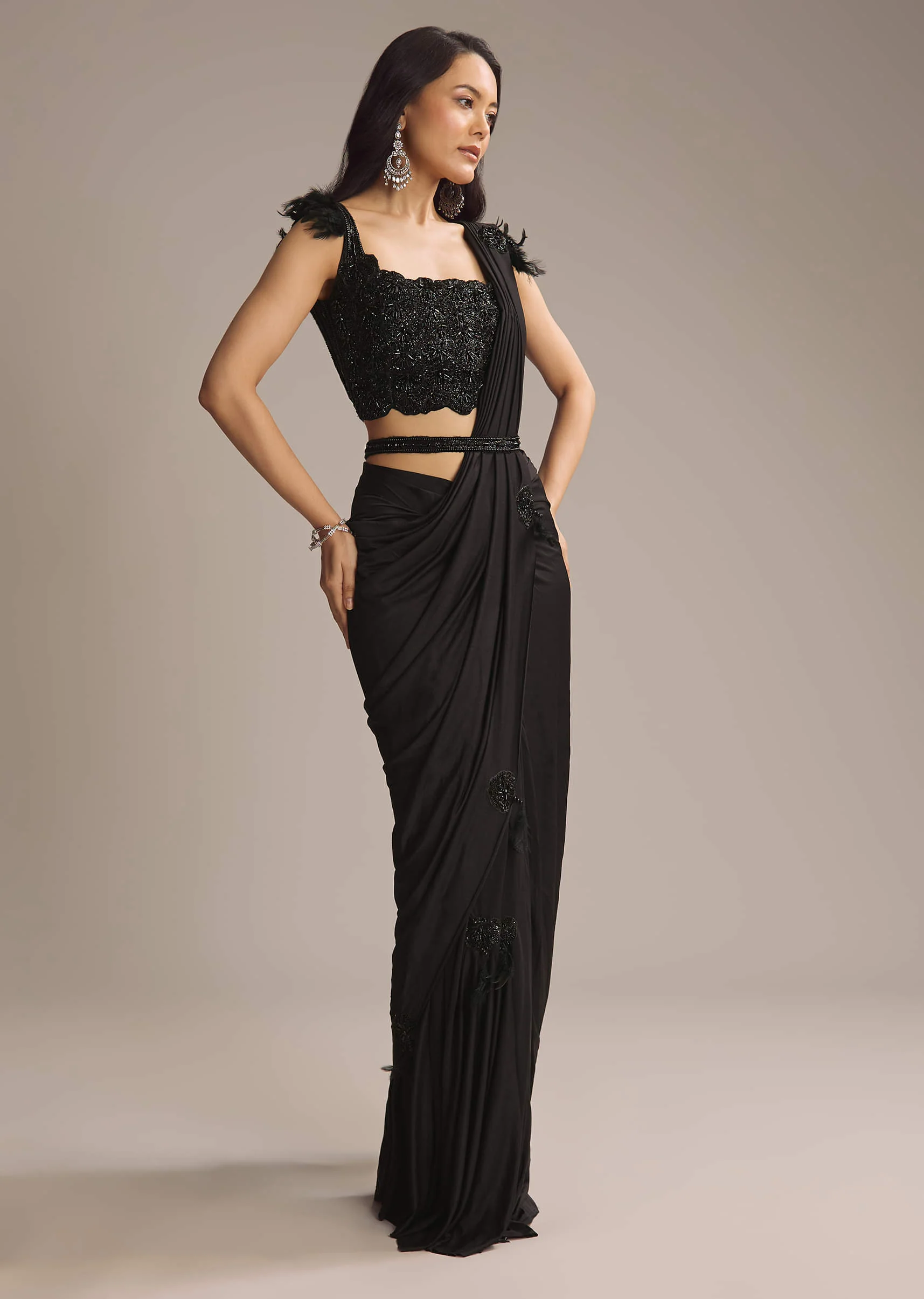 Black Lycra Ready Pleated Saree With Cutdana Work - Image 3