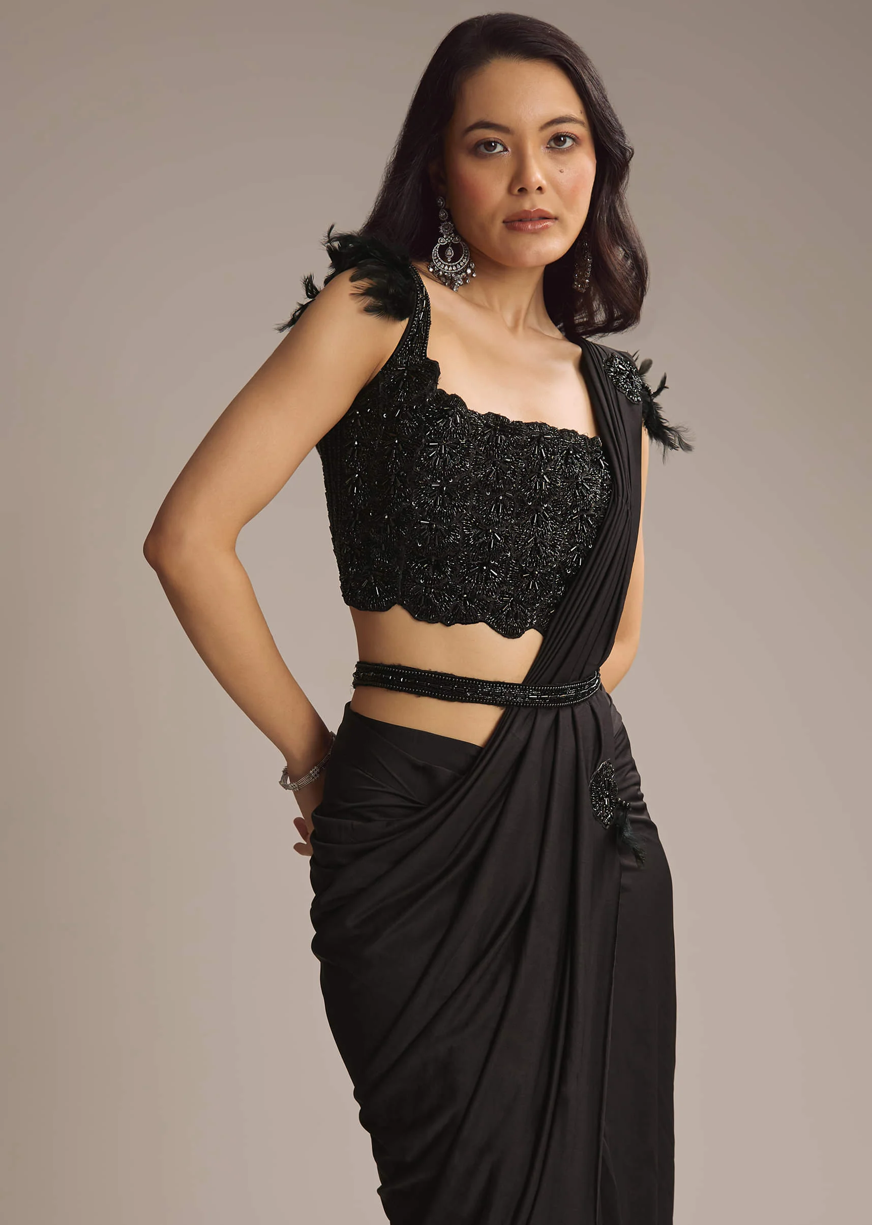 Black Lycra Ready Pleated Saree With Cutdana Work - Image 4