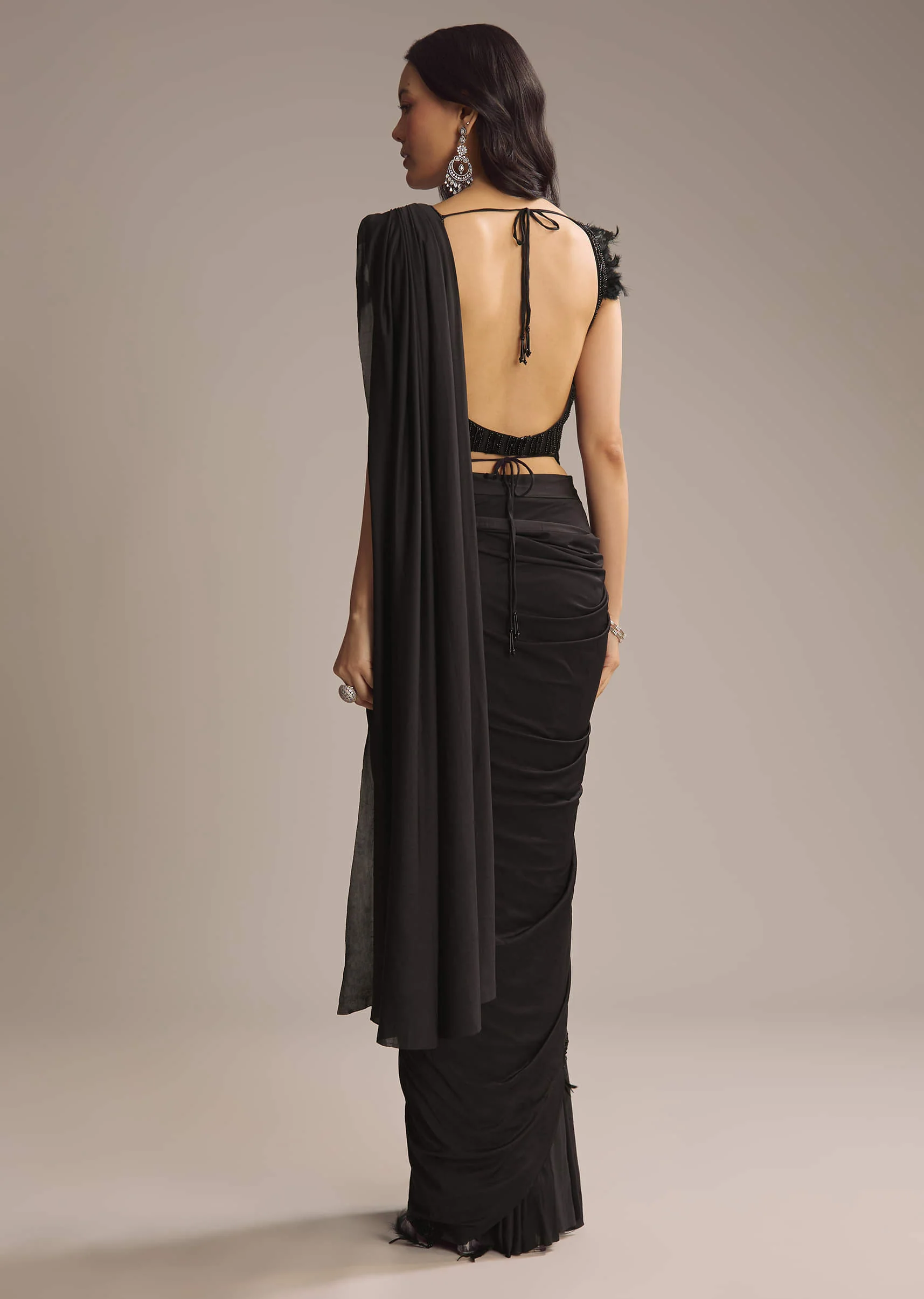 Black Lycra Ready Pleated Saree With Cutdana Work - Image 5