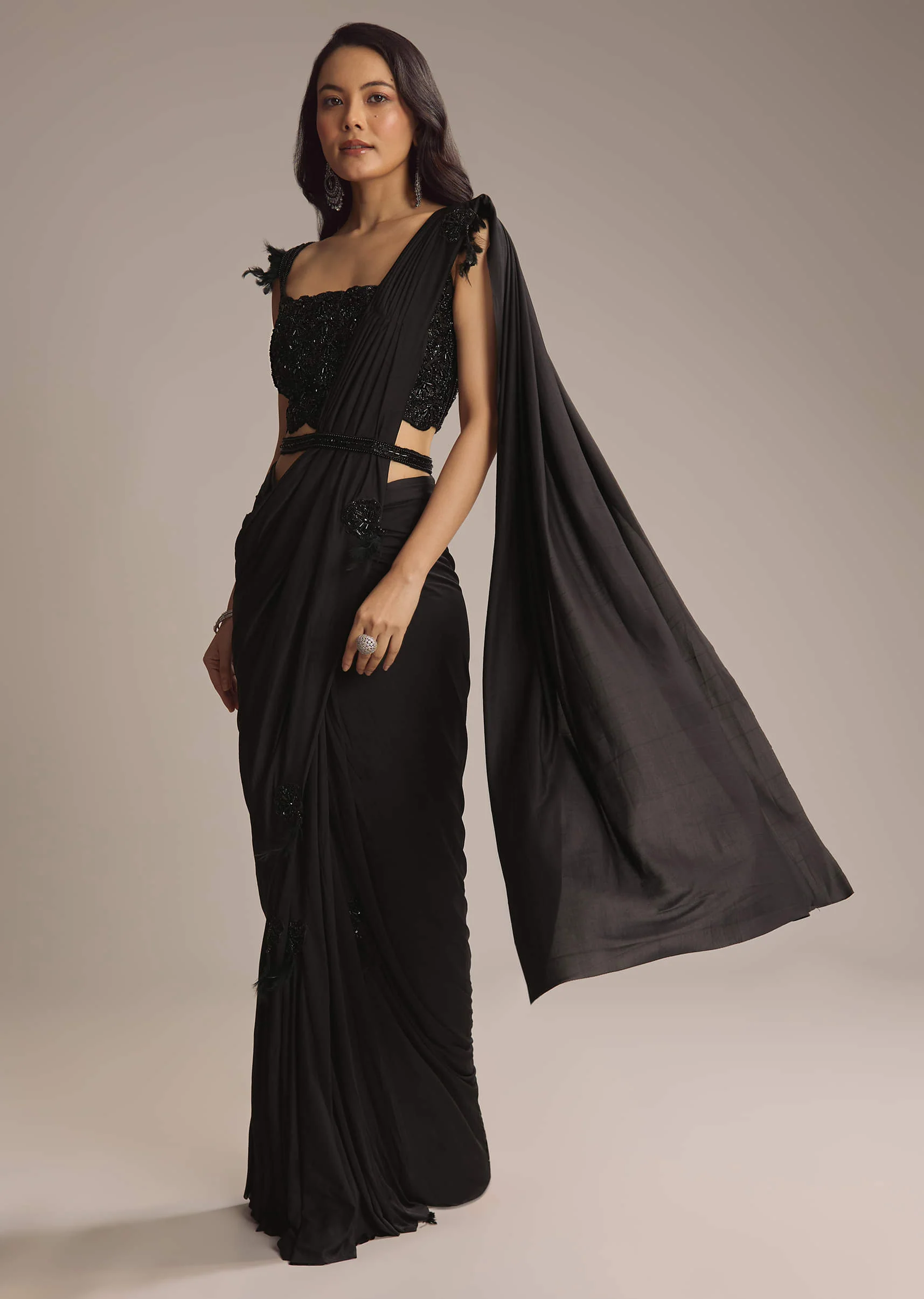 Black Lycra Ready Pleated Saree With Cutdana Work - Image 6