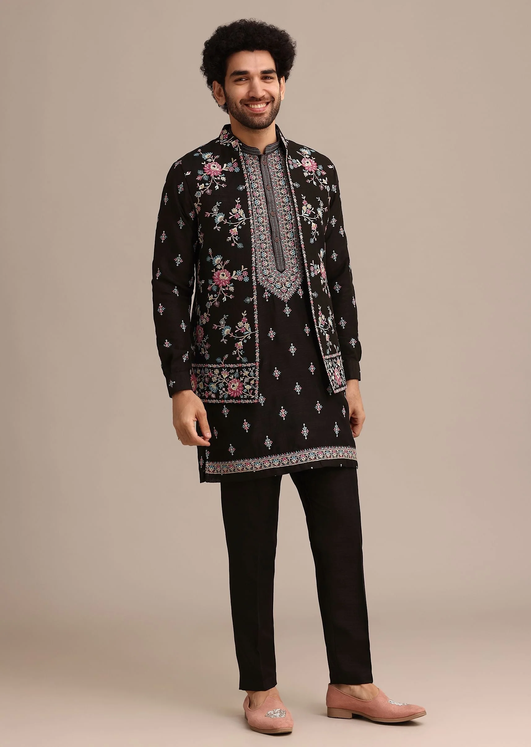 Black Silk Resham Embroidered Kurta Jacket Set - Image 2