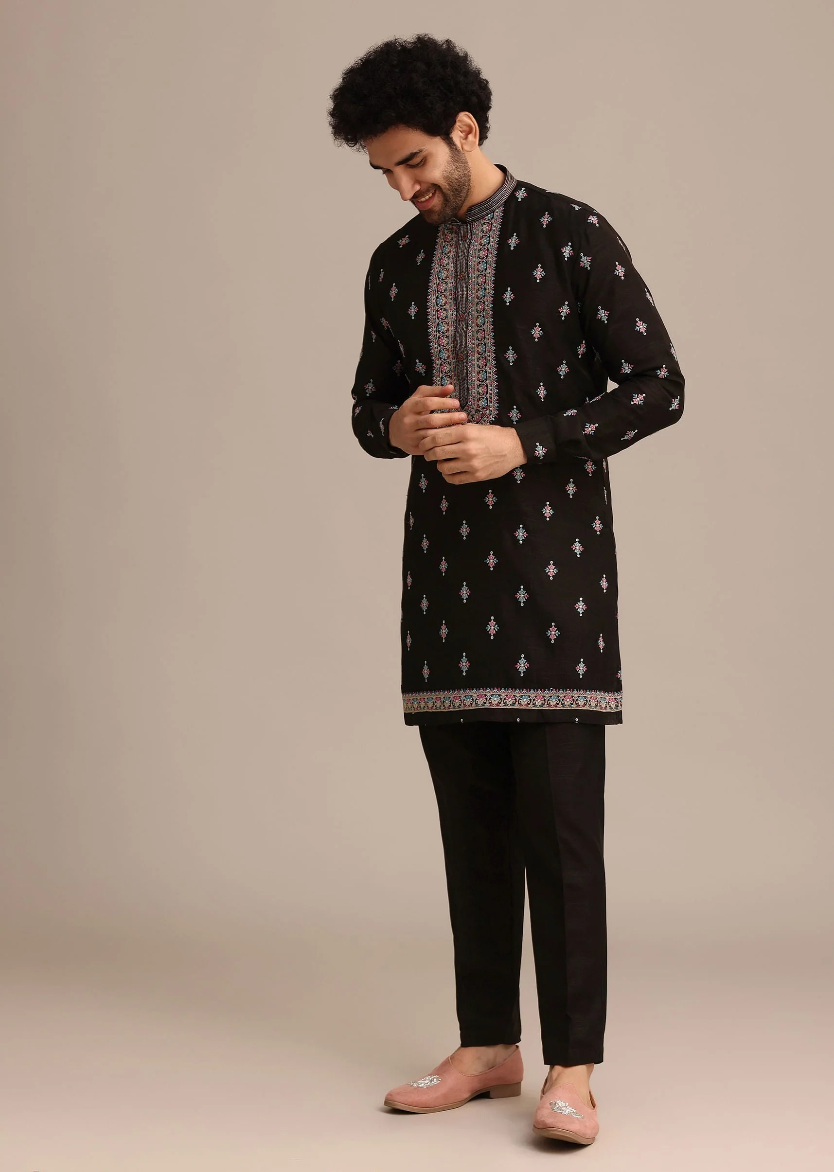 Black Silk Resham Embroidered Kurta Jacket Set - Image 6