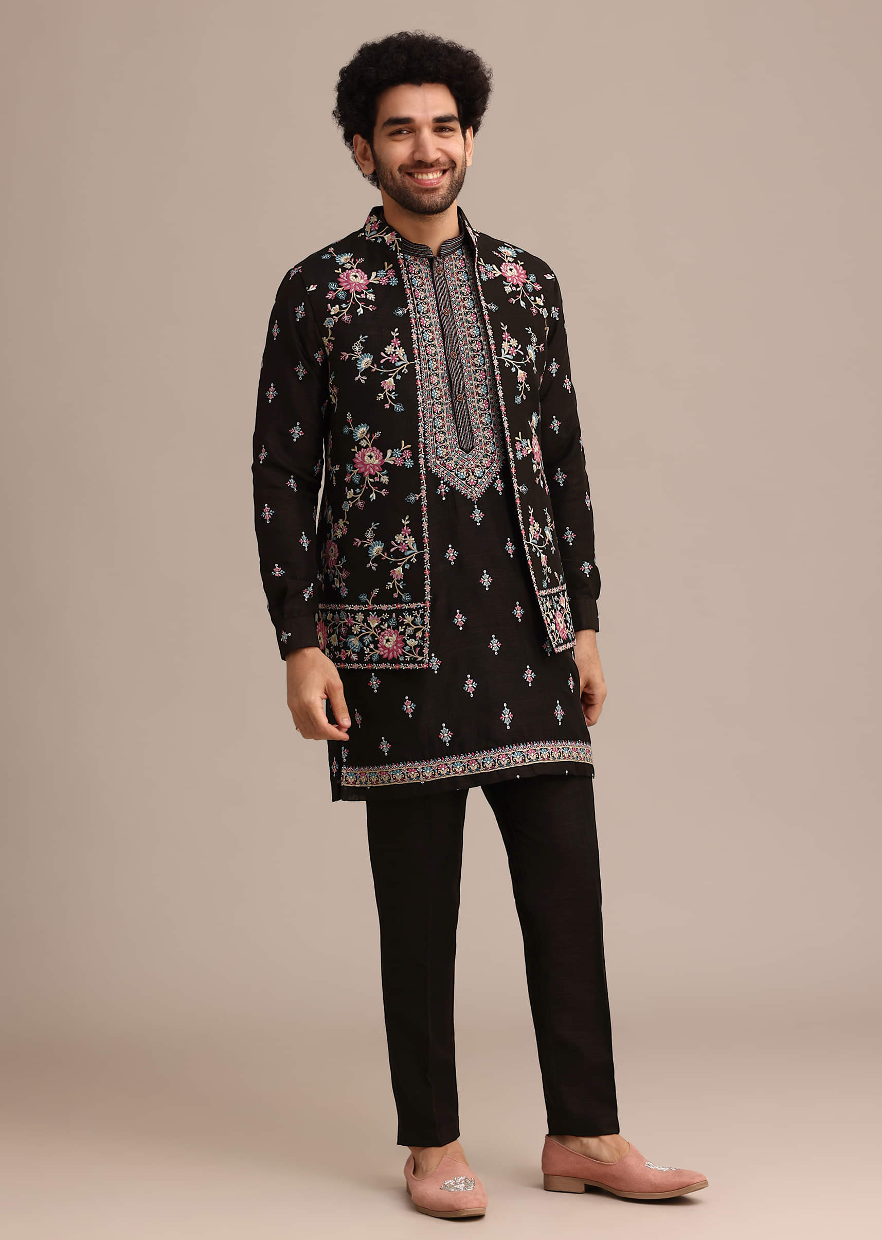Black Silk Resham Embroidered Kurta Jacket Set - Image 8