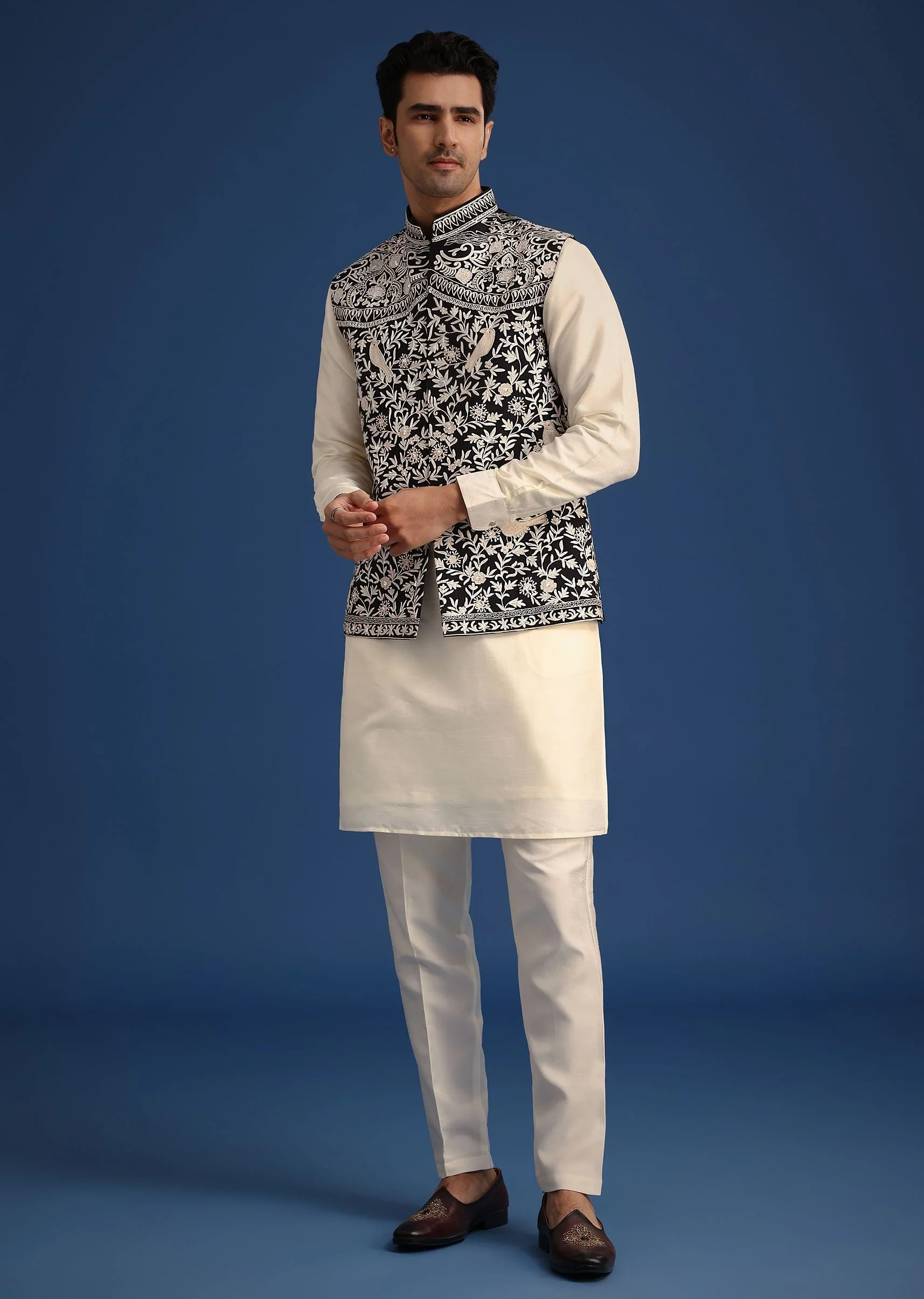 Black Silk Thread Work Jacket And Kurta Set - Image 2