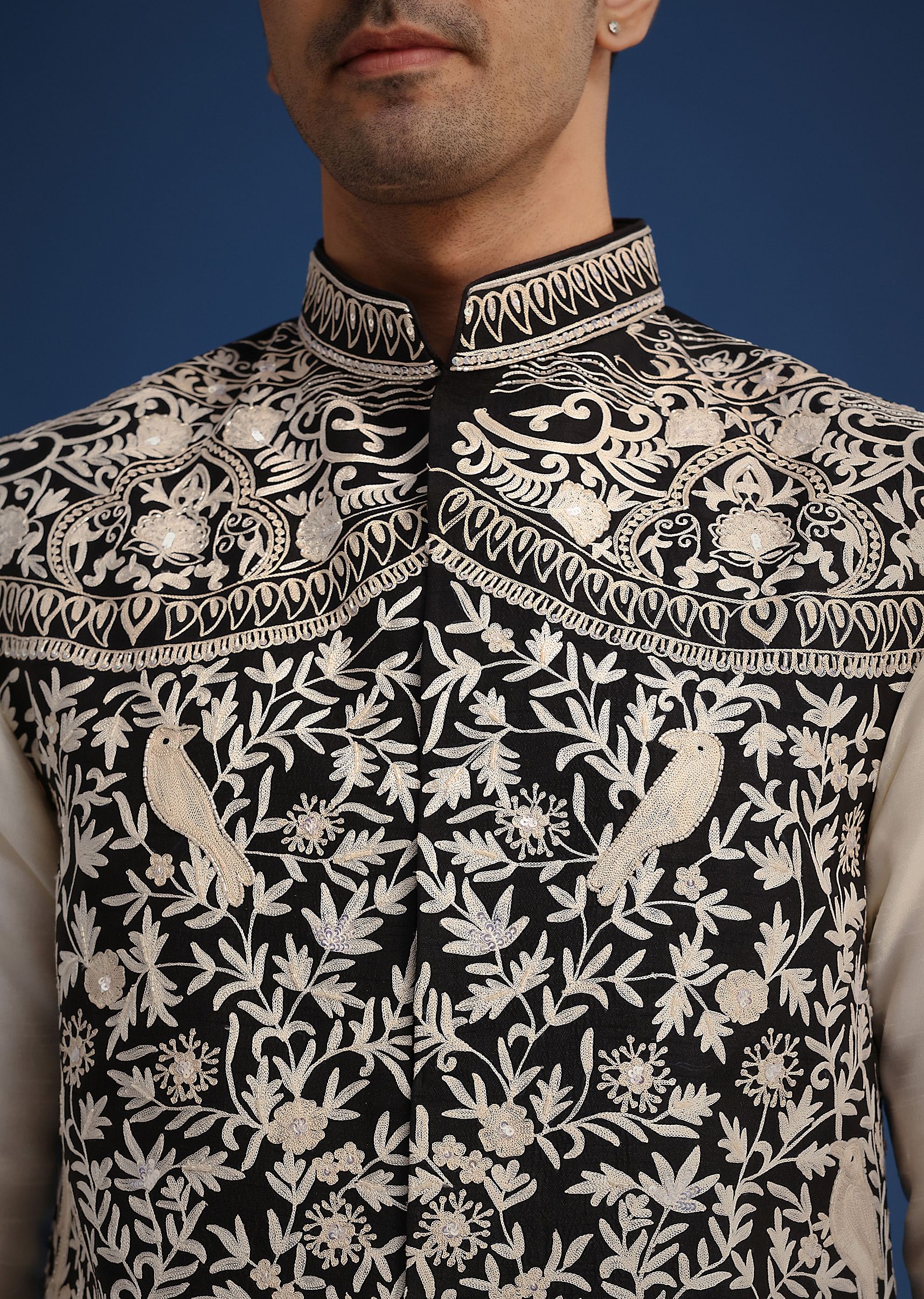 Black Silk Thread Work Jacket And Kurta Set - Image 3