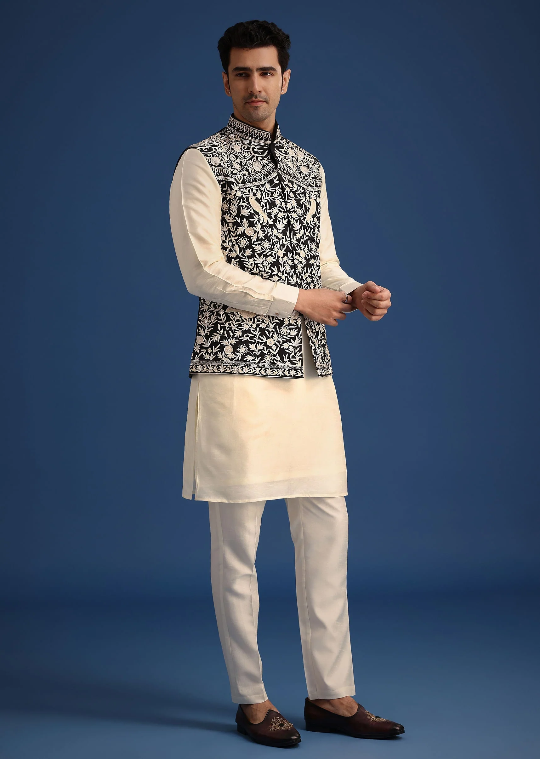 Black Silk Thread Work Jacket And Kurta Set - Image 4