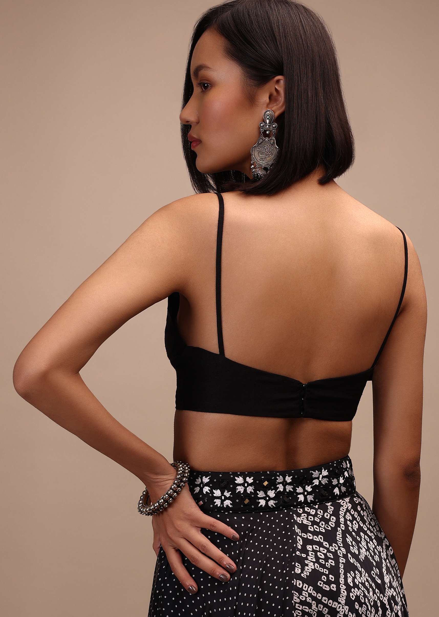 Black Spaghetti Sleeve Blouse In Raw Silk With A Sweetheart Neckline - Image 2