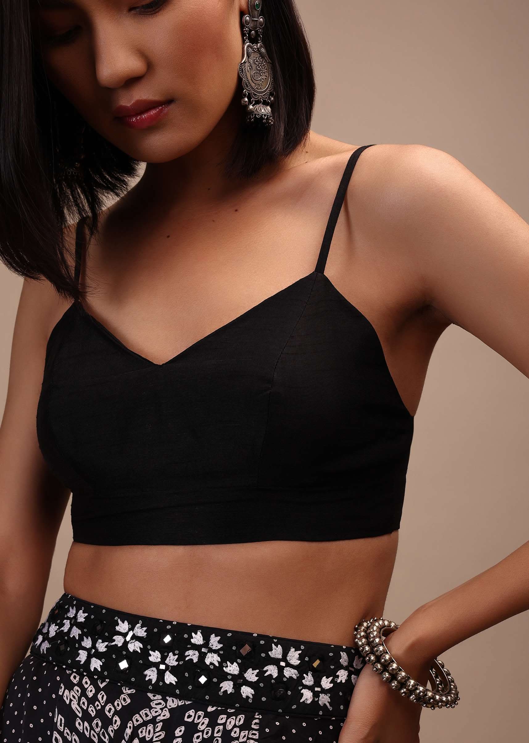 Black Spaghetti Sleeve Blouse In Raw Silk With A Sweetheart Neckline - Image 4