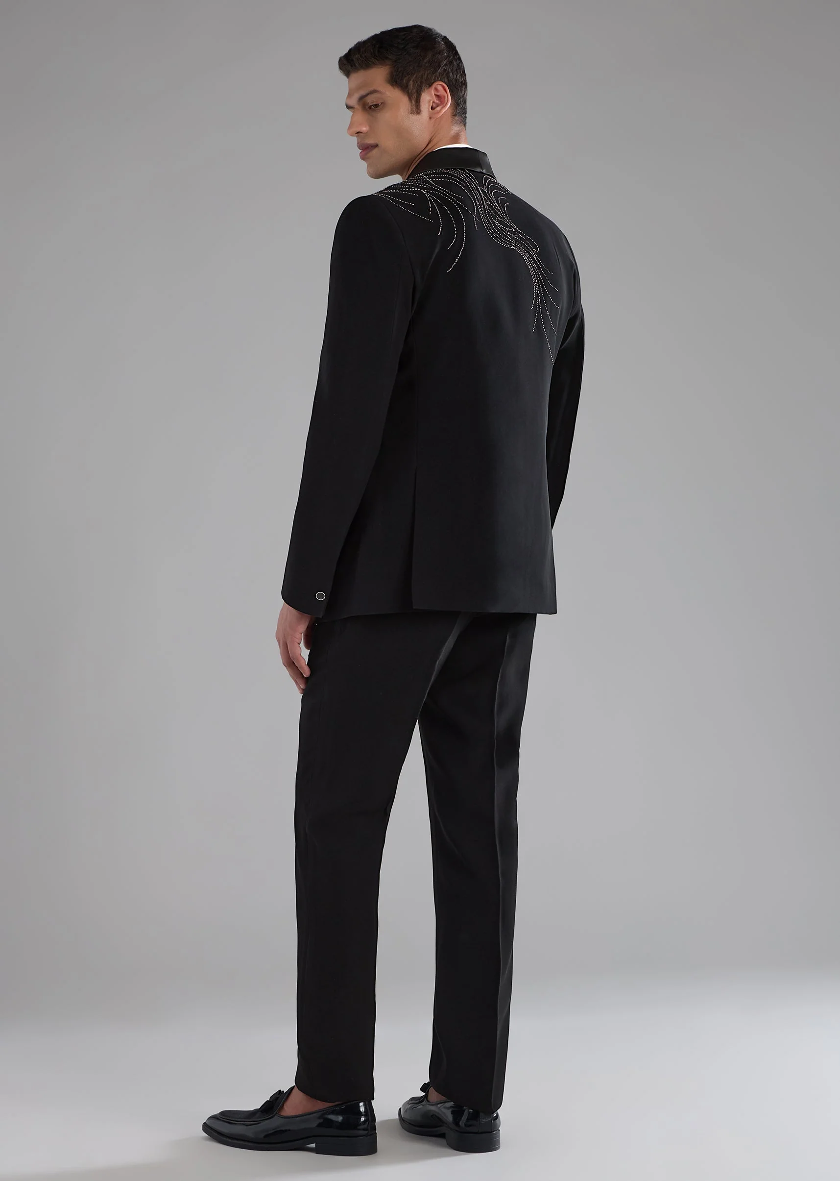 Black Stone Embellished Tuxedo and Bow Tie Set - Image 5