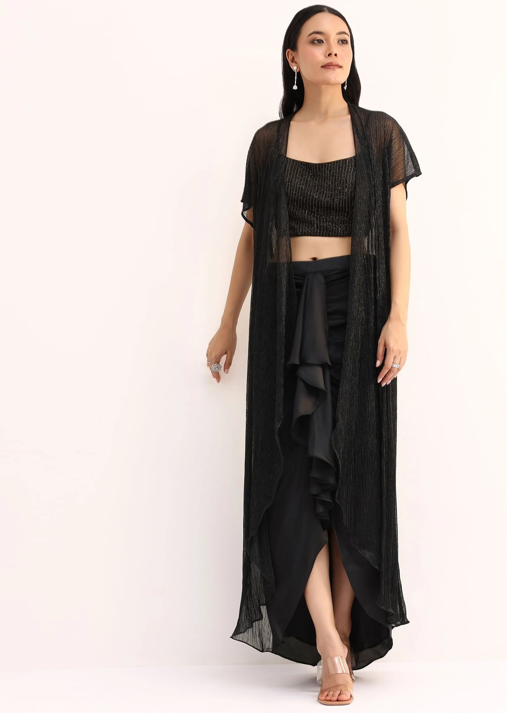 Black Stone Embroidered Silk Crop Top Set With Jacket