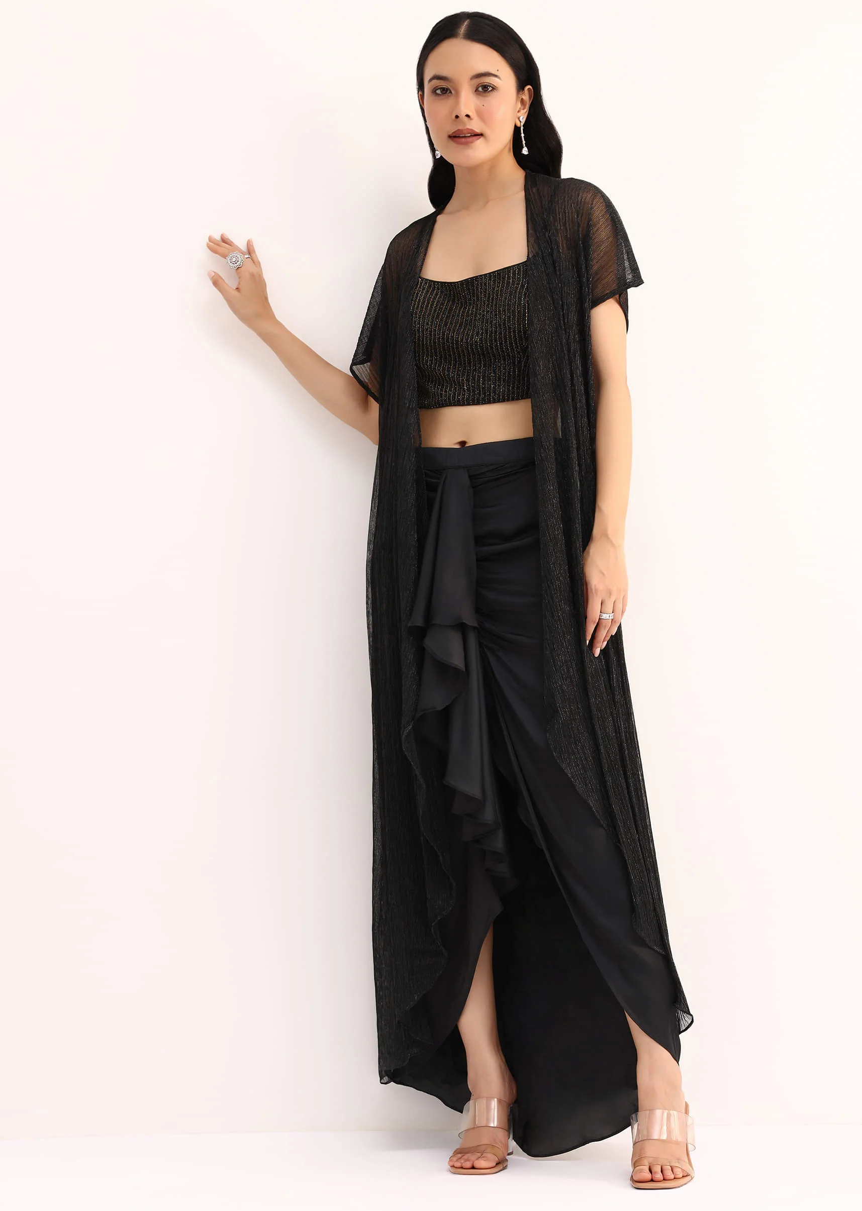 Black Stone Embroidered Silk Crop Top Set With Jacket - Image 7