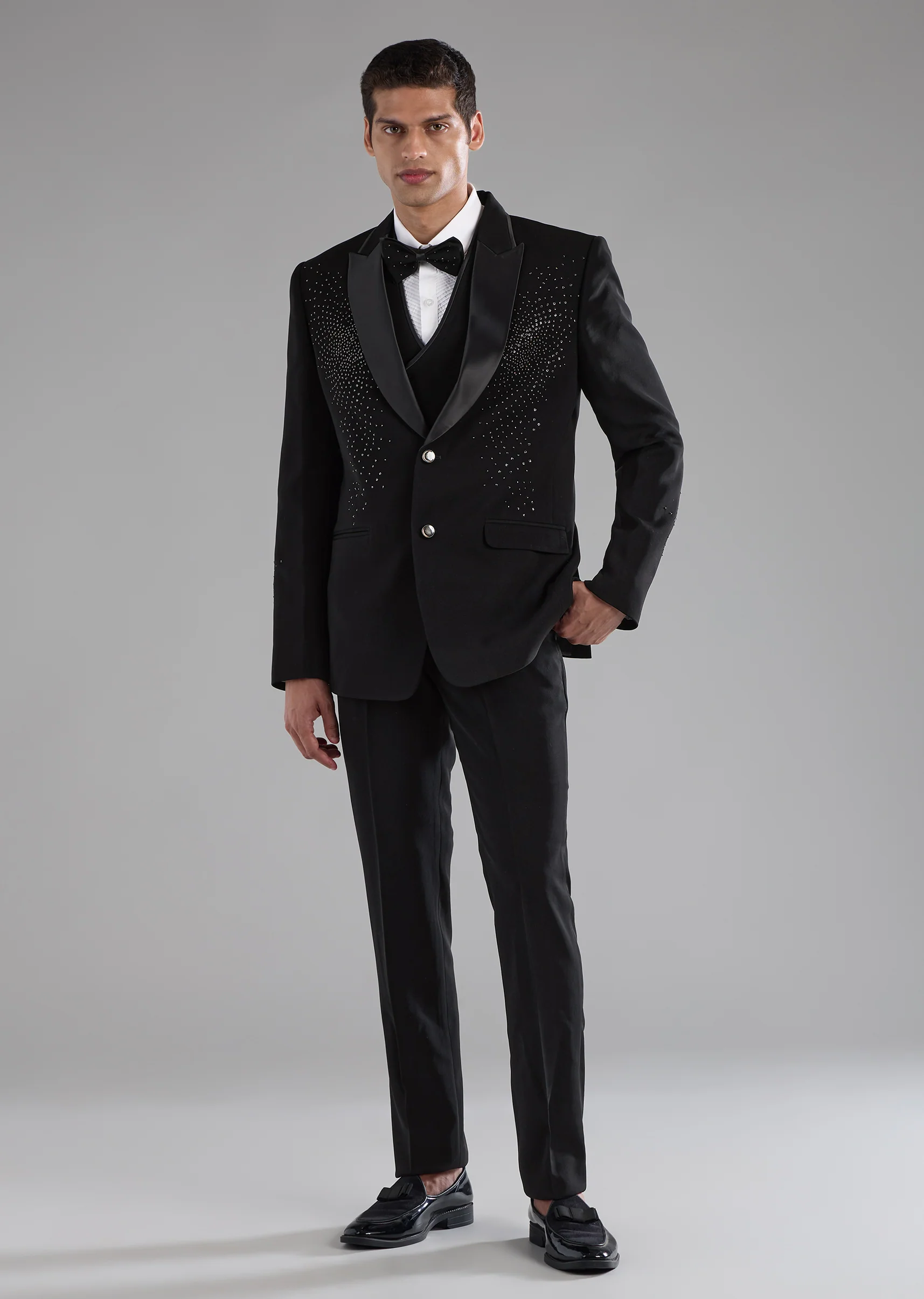 Black Stone Work Tuxedo, Shirt and Bow Set - Image 3