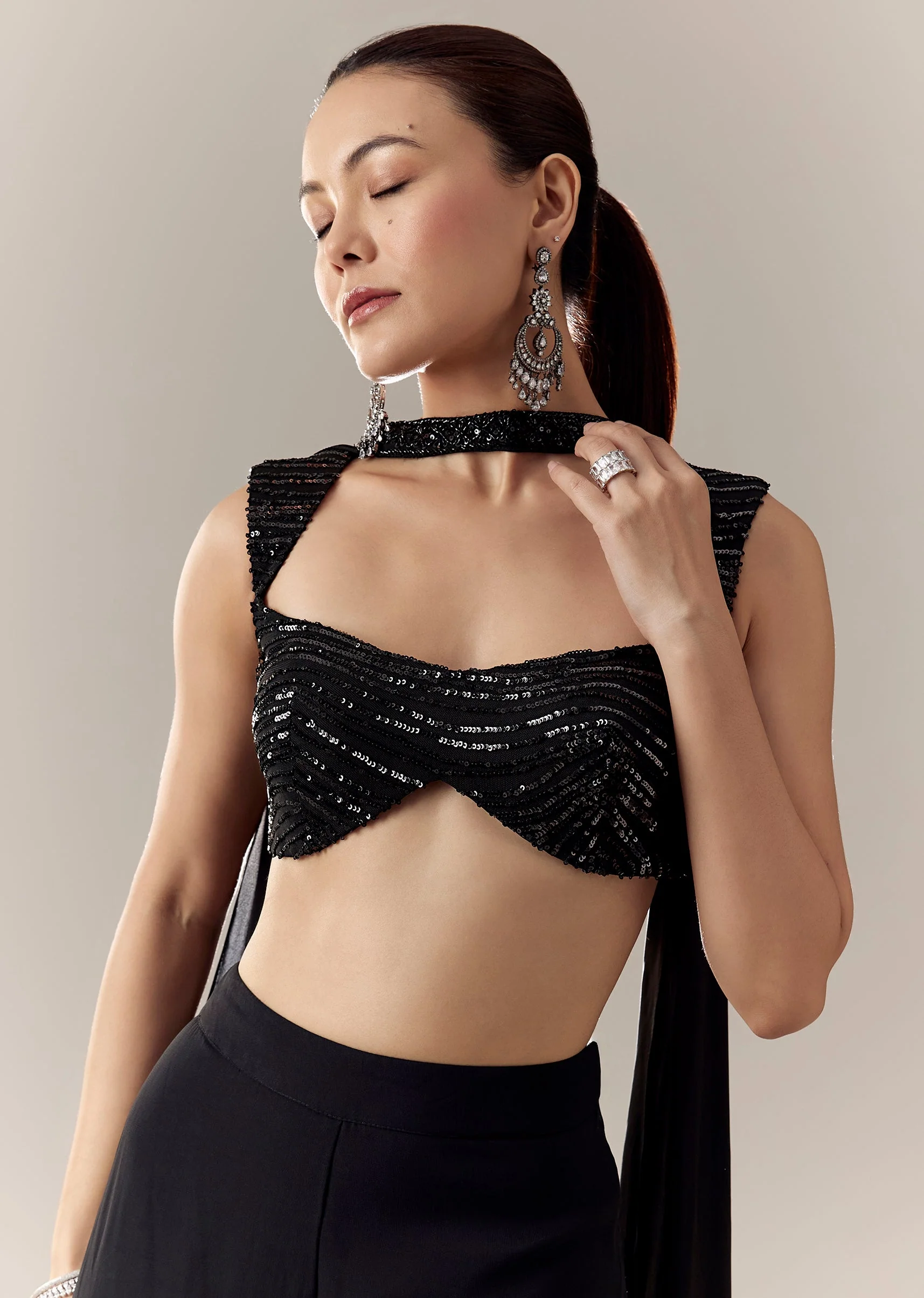 Black Stonework Fancy Neck Blouse