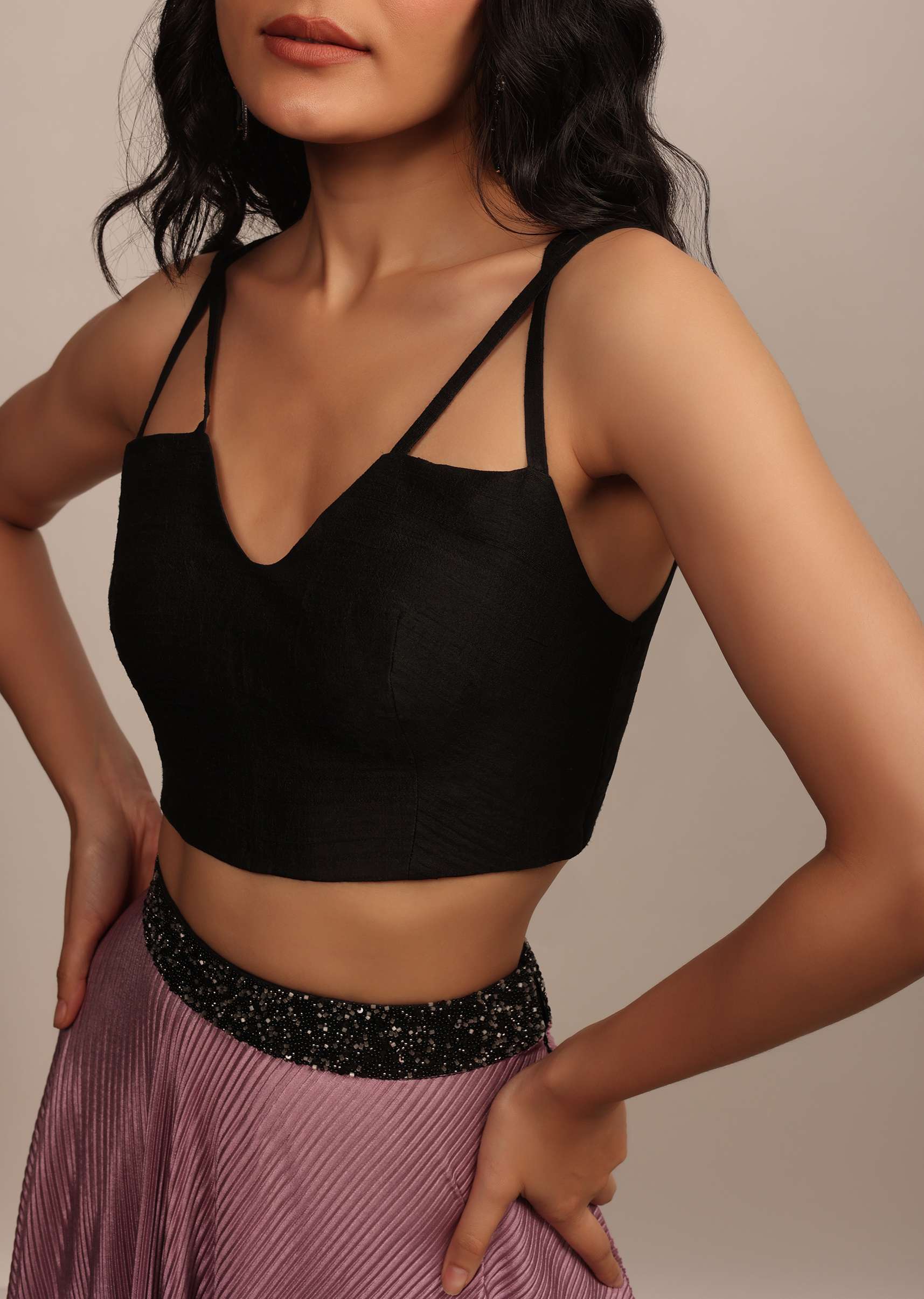 Black Strappy Sleeveless Raw Silk Blouse With V Neckline - Image 3