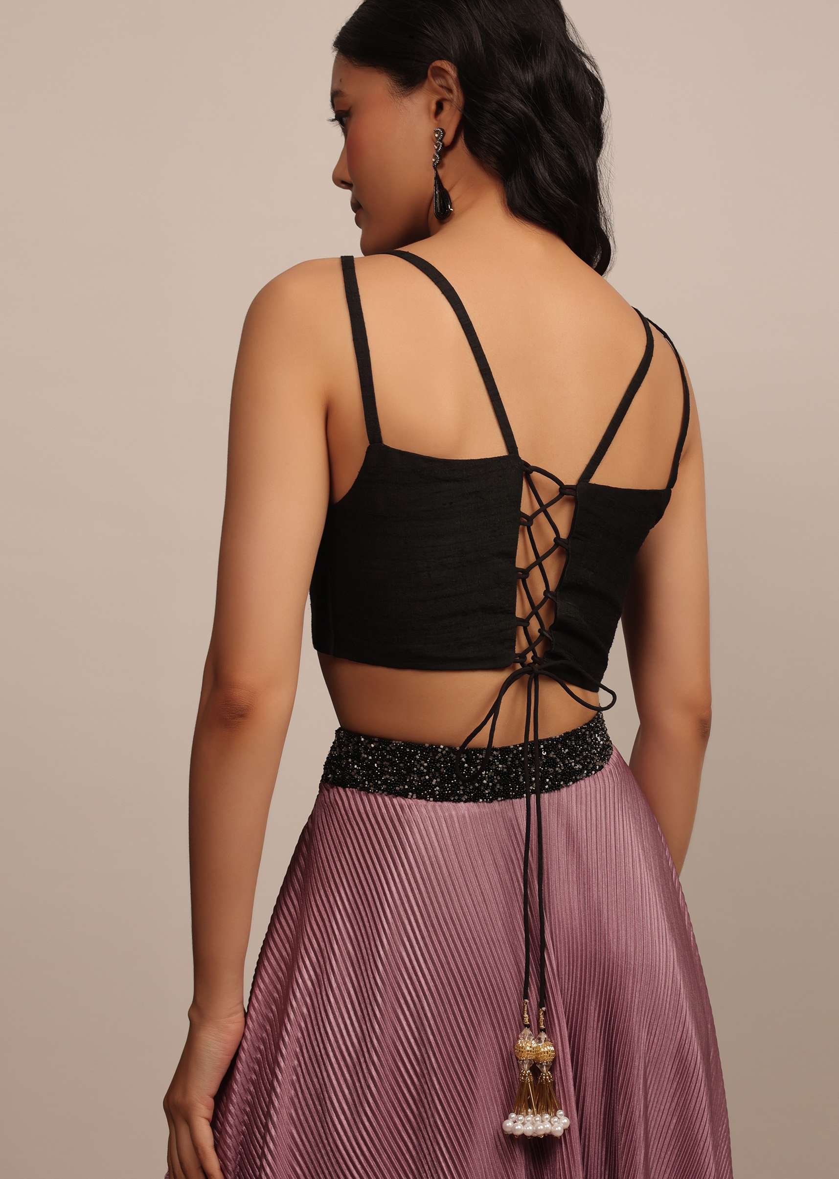 Black Strappy Sleeveless Raw Silk Blouse With V Neckline - Image 4
