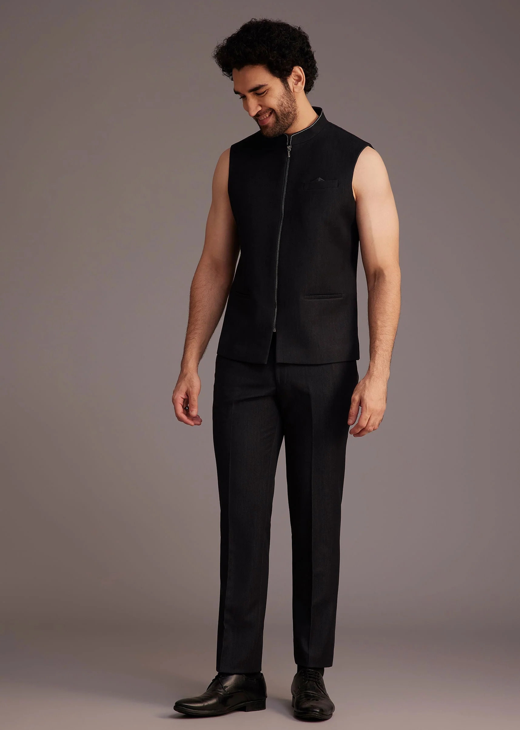 Black Suit With White Piping And Chain Detail - Image 5
