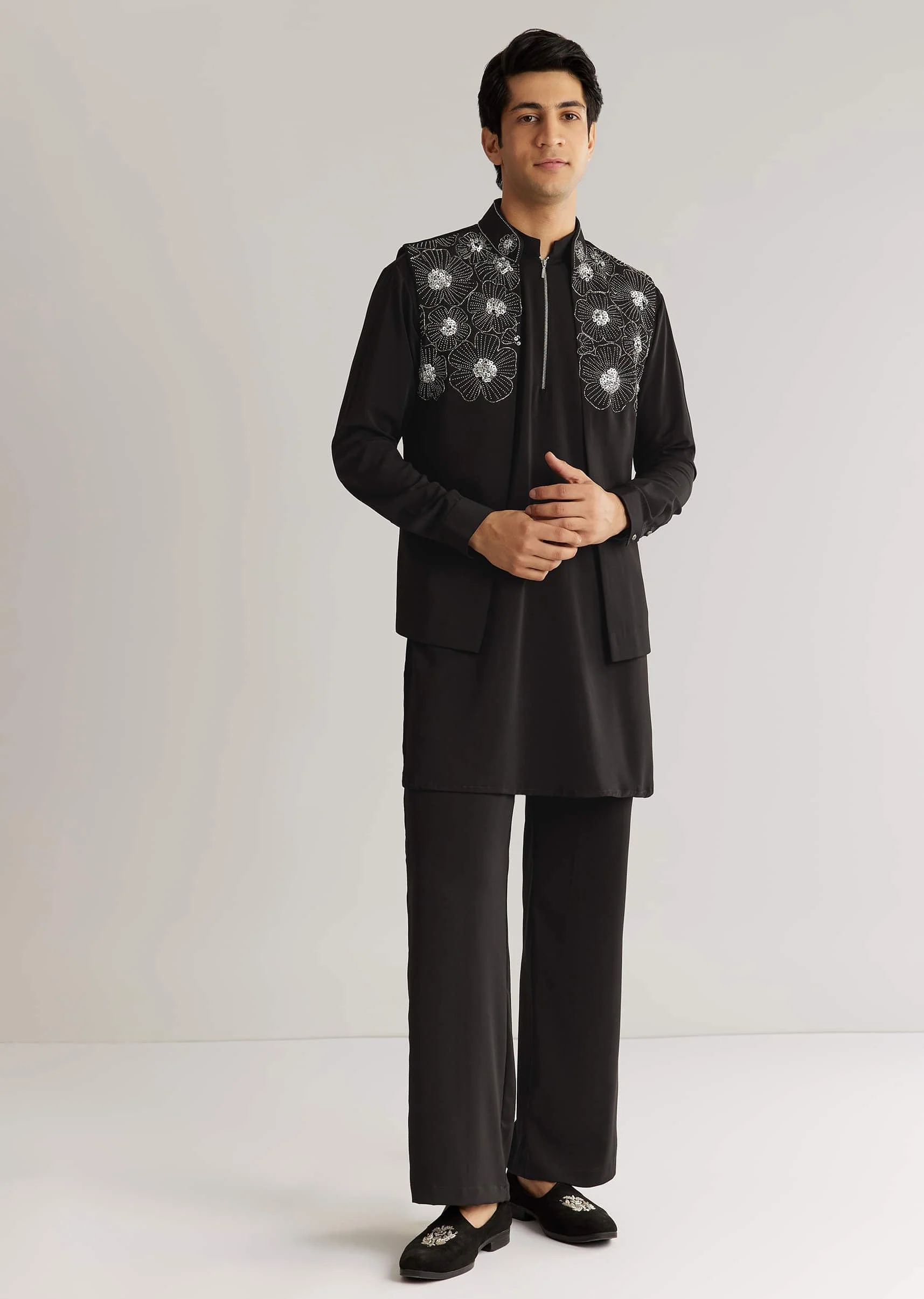 Black Suiting Cutdana Sequins Floral Kurta Jacket Set - Image 5
