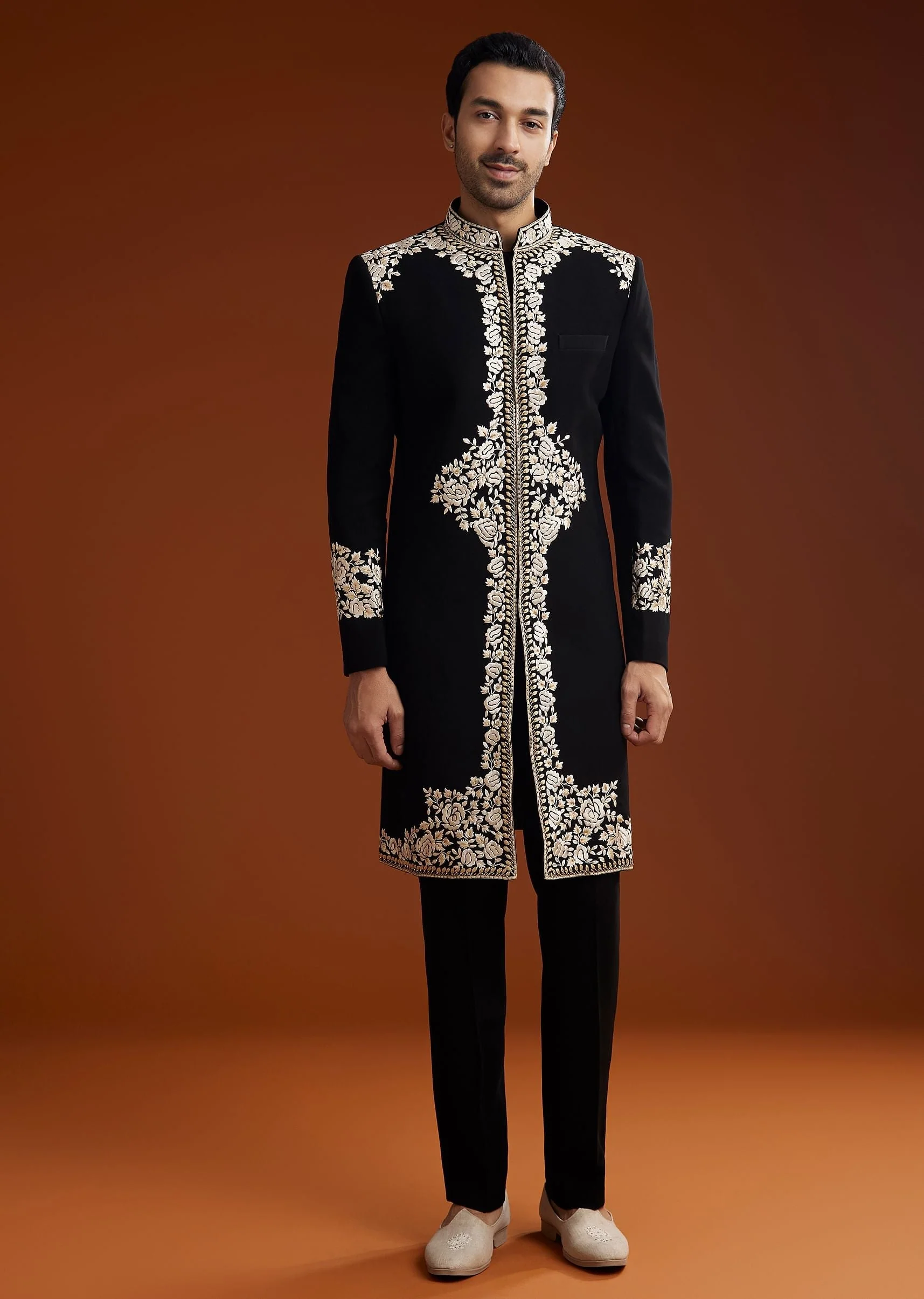 Black Suiting Indo Jacket Set With Floral Resham Embroidery - Image 3