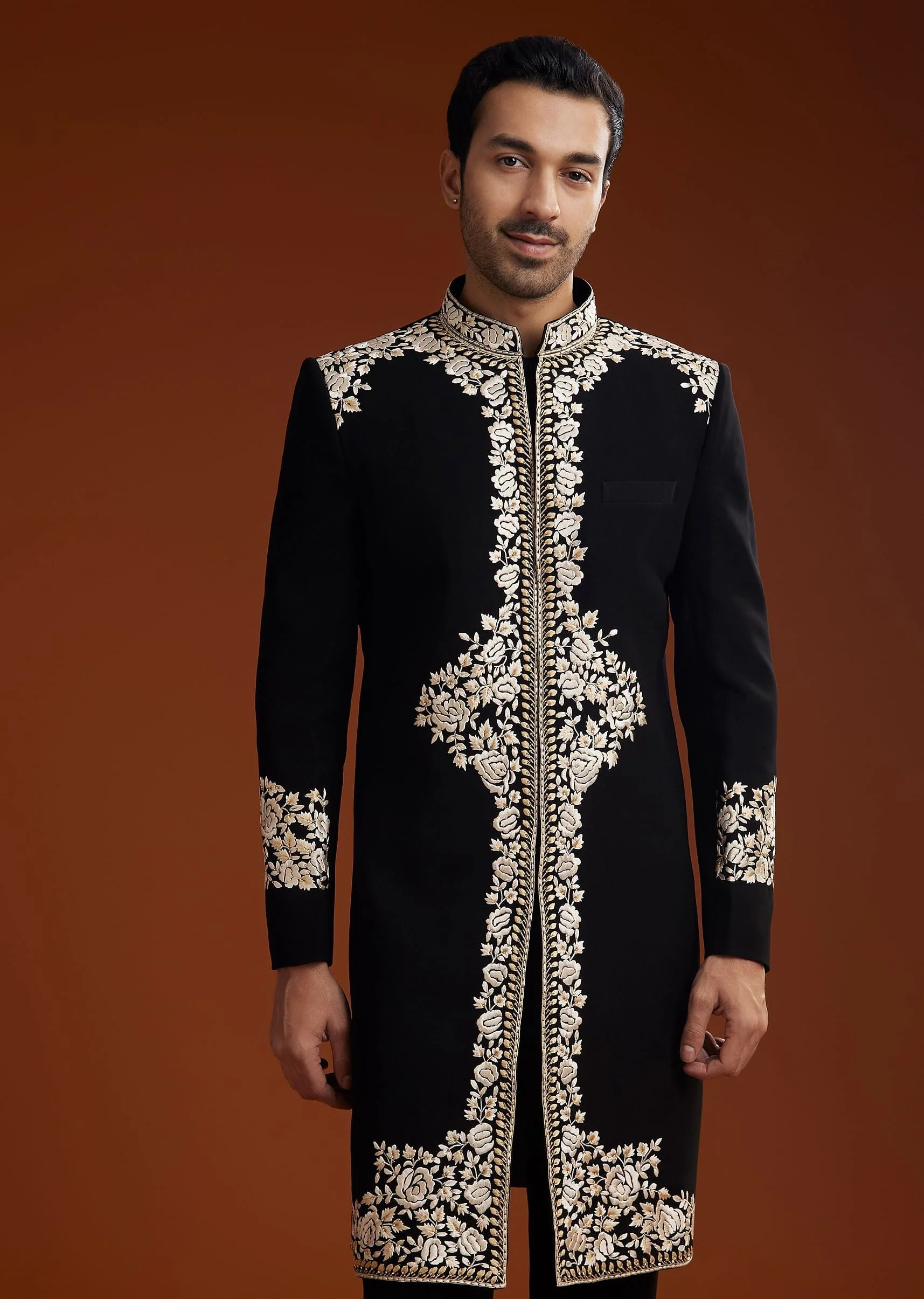 Black Suiting Indo Jacket Set With Floral Resham Embroidery - Image 4