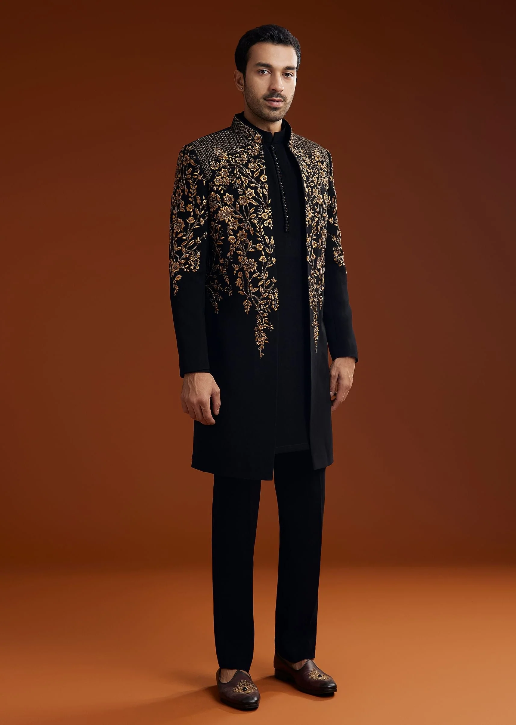 Black Suiting Indo Jacket Set With Zardosi Floral Embroidery - Image 3