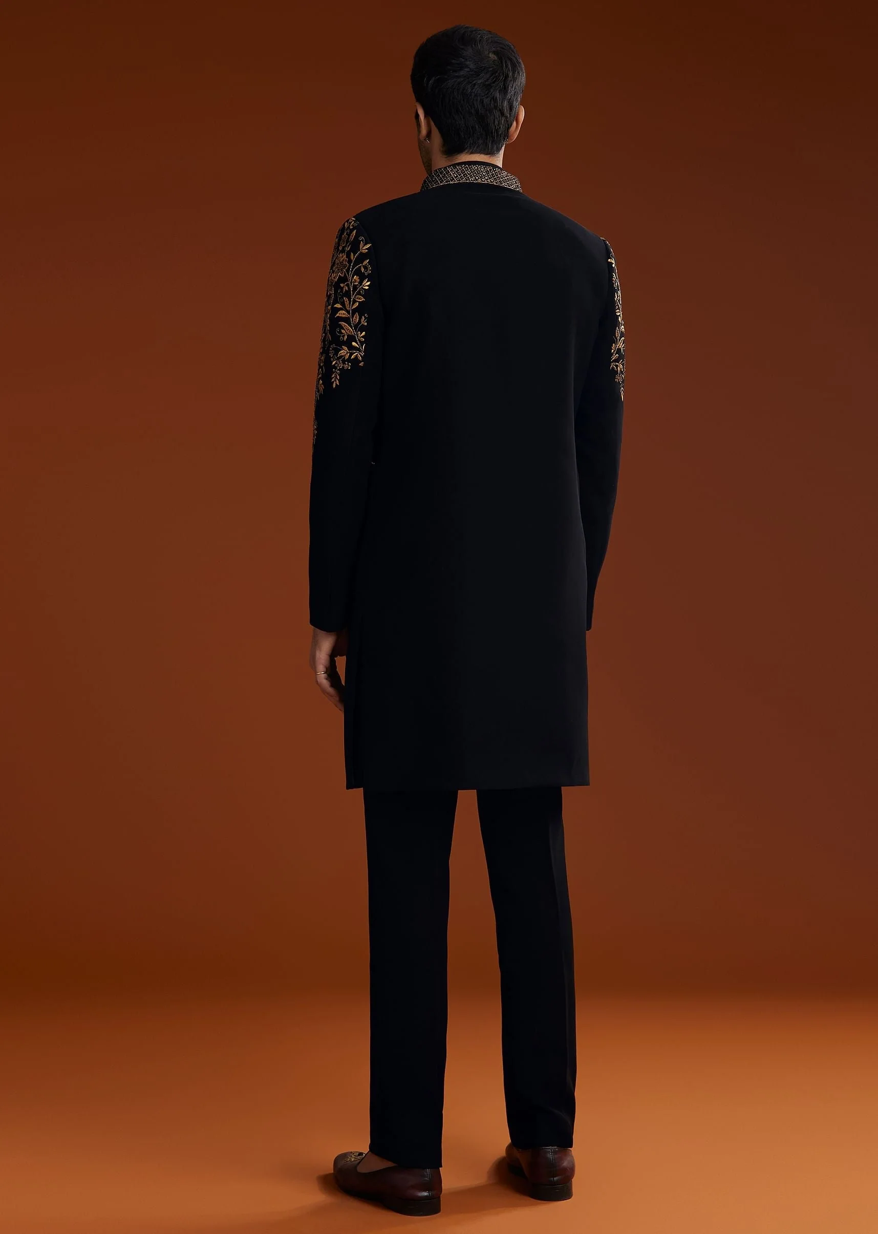 Black Suiting Indo Jacket Set With Zardosi Floral Embroidery - Image 5