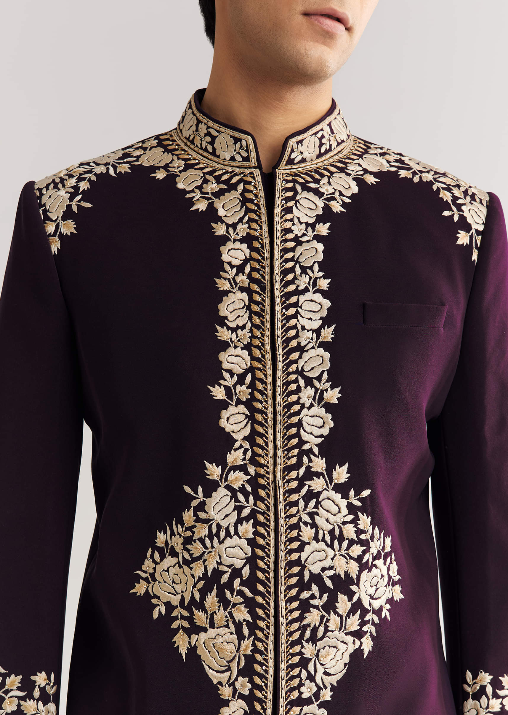 Black Suiting Indo Western With Floral Thread Embroidery - Image 3