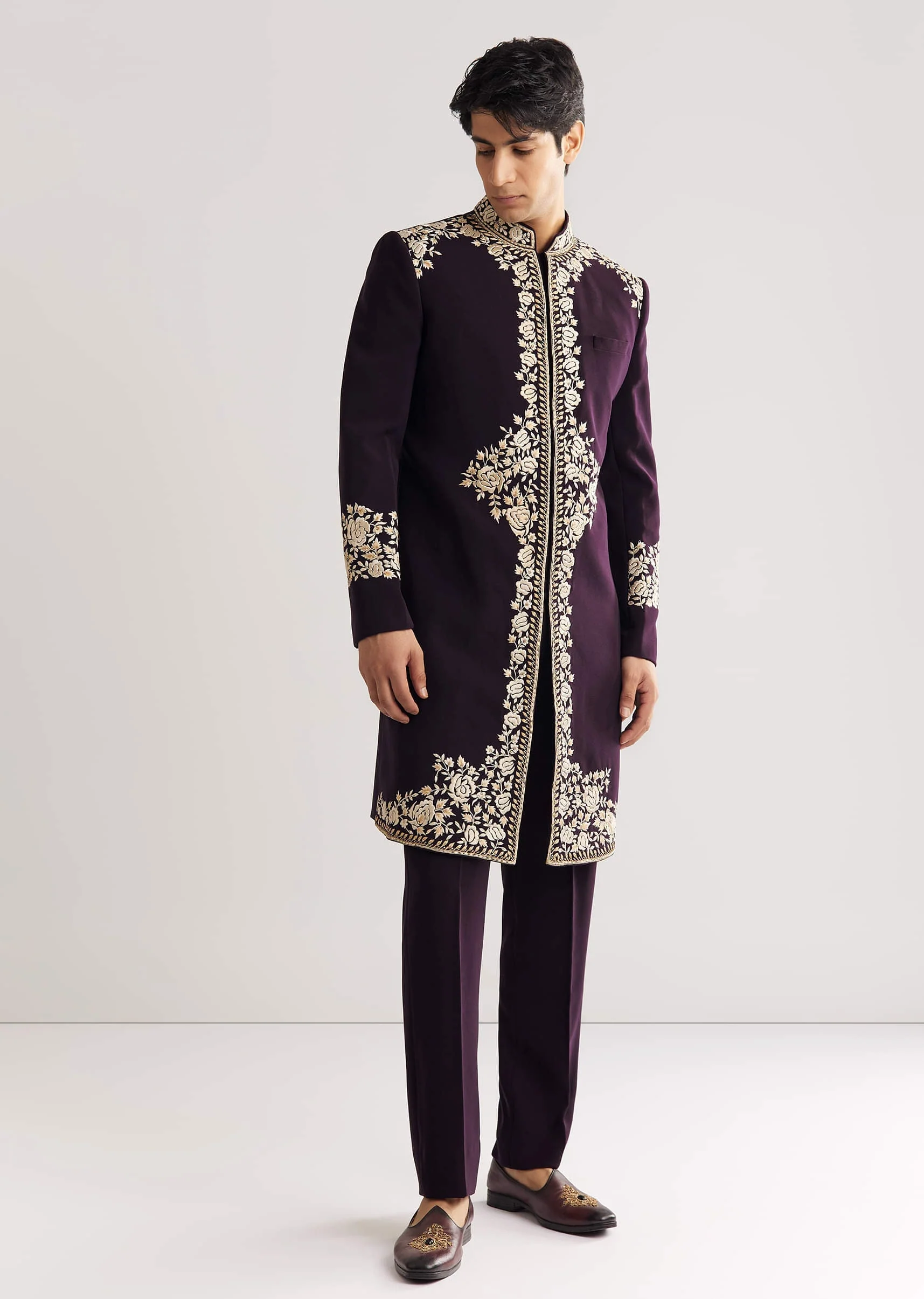 Black Suiting Indo Western With Floral Thread Embroidery - Image 4