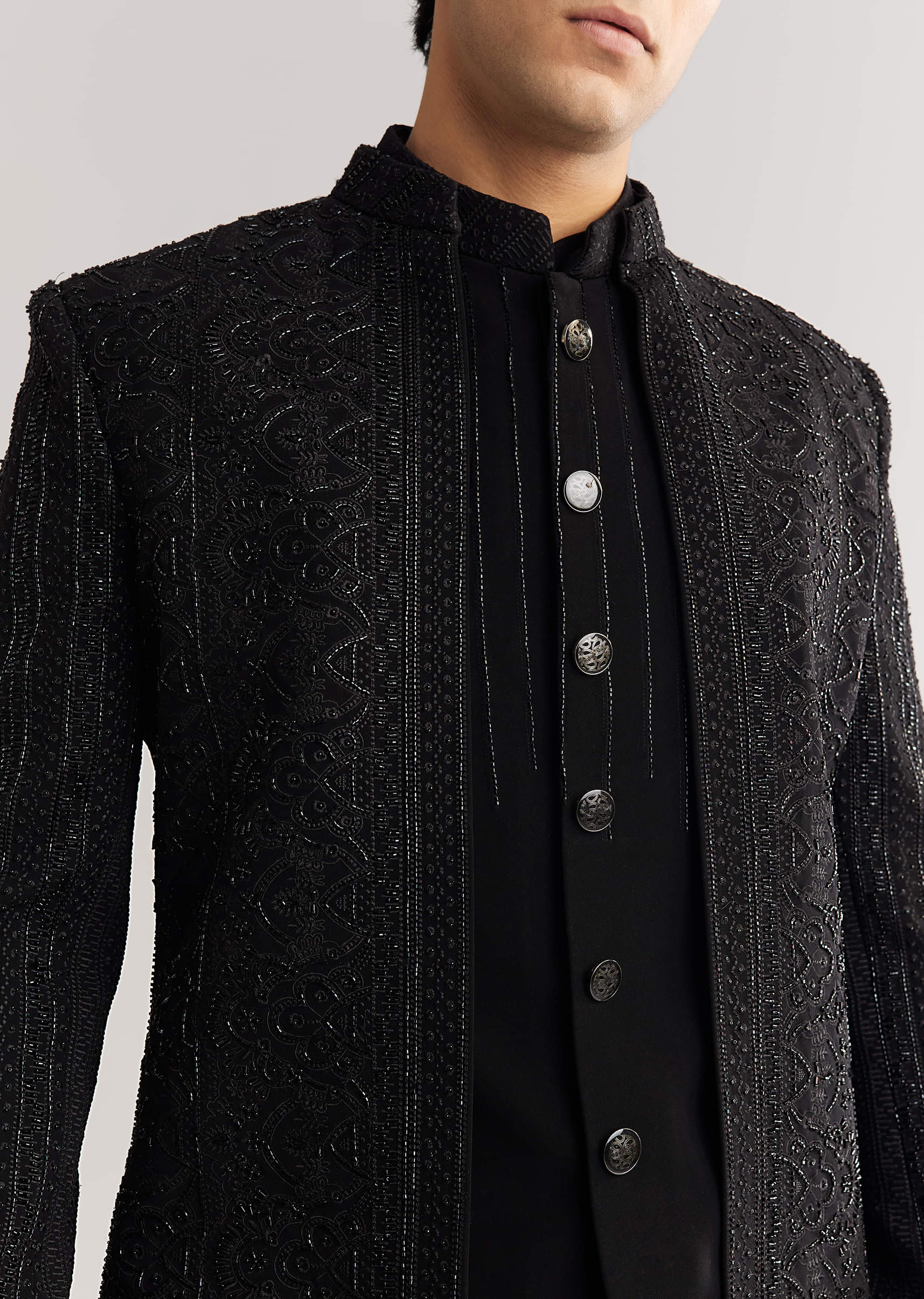 Black Suiting Indo Western With Thread And Beadwork - Image 3